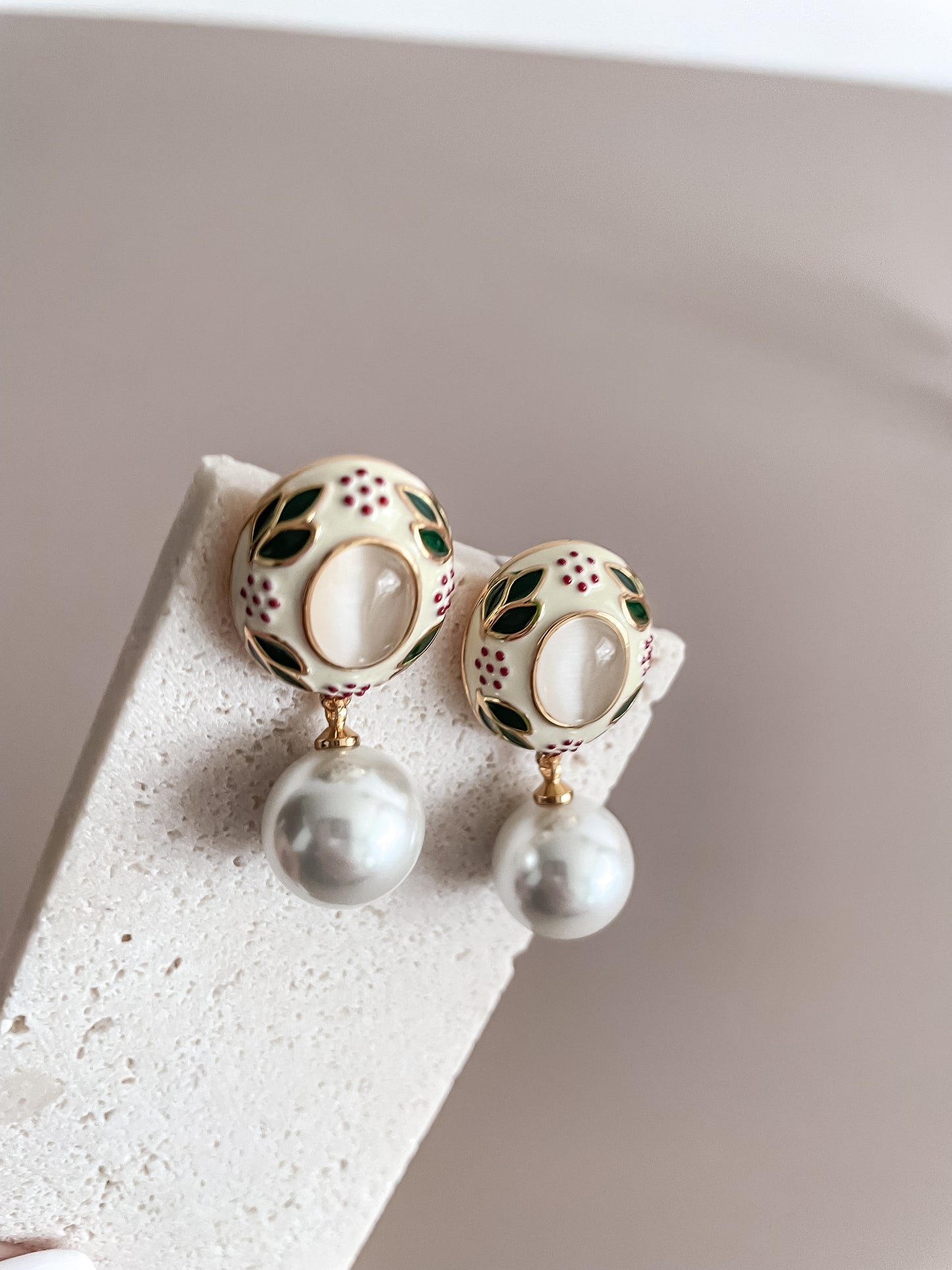 Leaf & Flower Enamel Glazed Earrings w/ Pearl