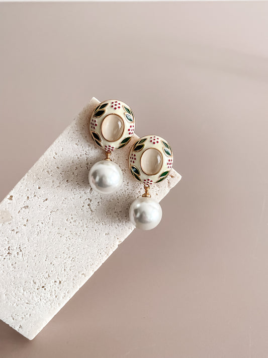 Leaf & Flower Enamel Glazed Earrings w/ Pearl
