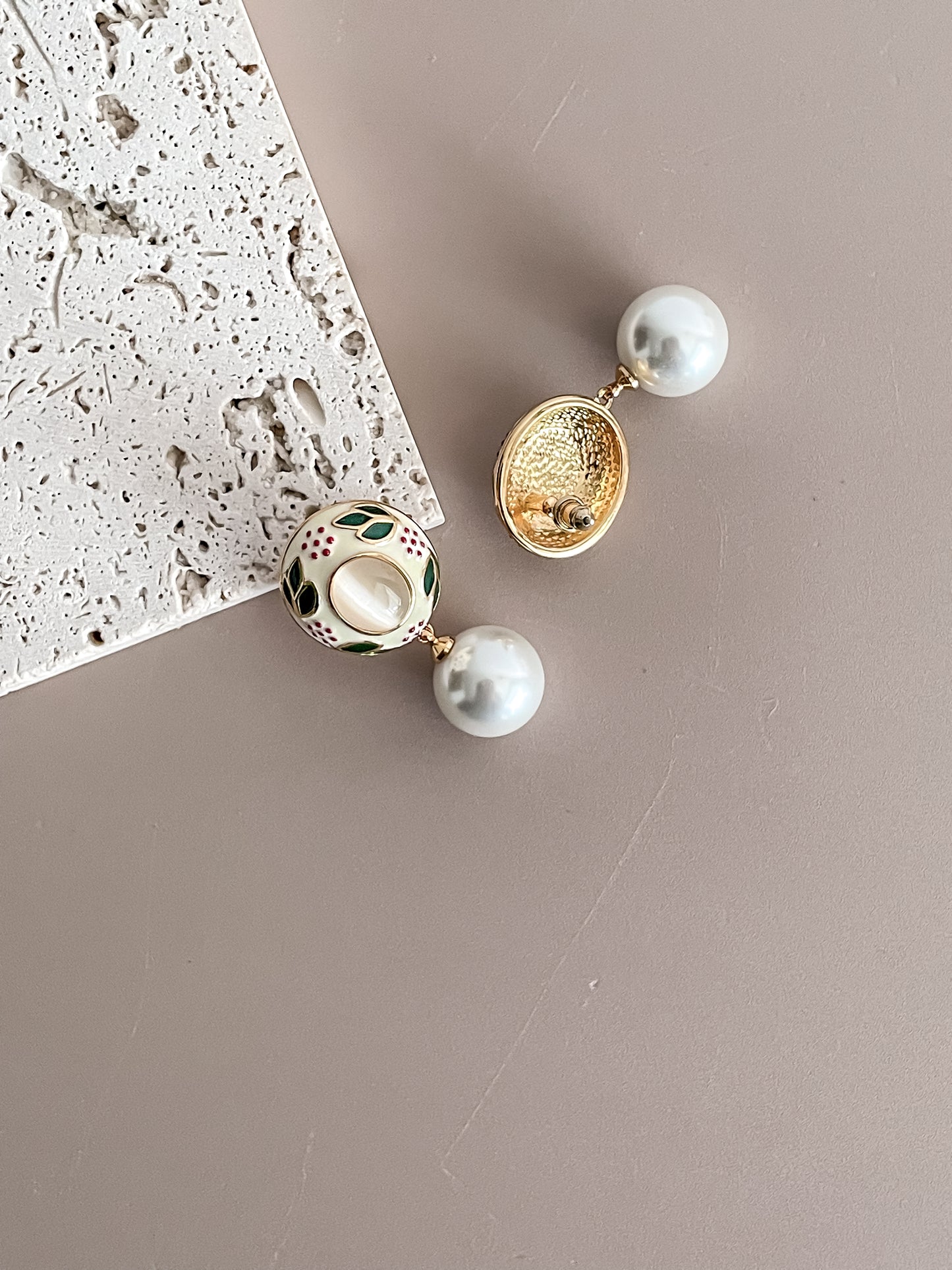 Leaf & Flower Enamel Glazed Earrings w/ Pearl