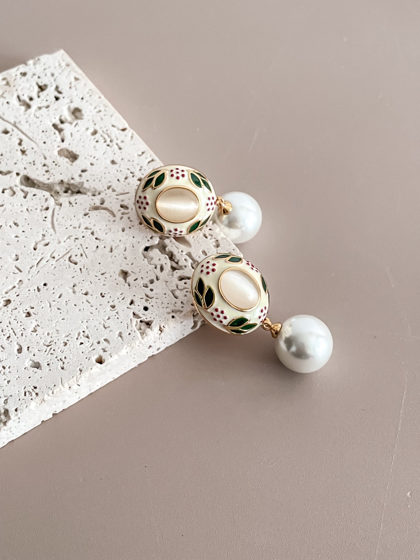 Leaf & Flower Enamel Glazed Earrings w/ Pearl