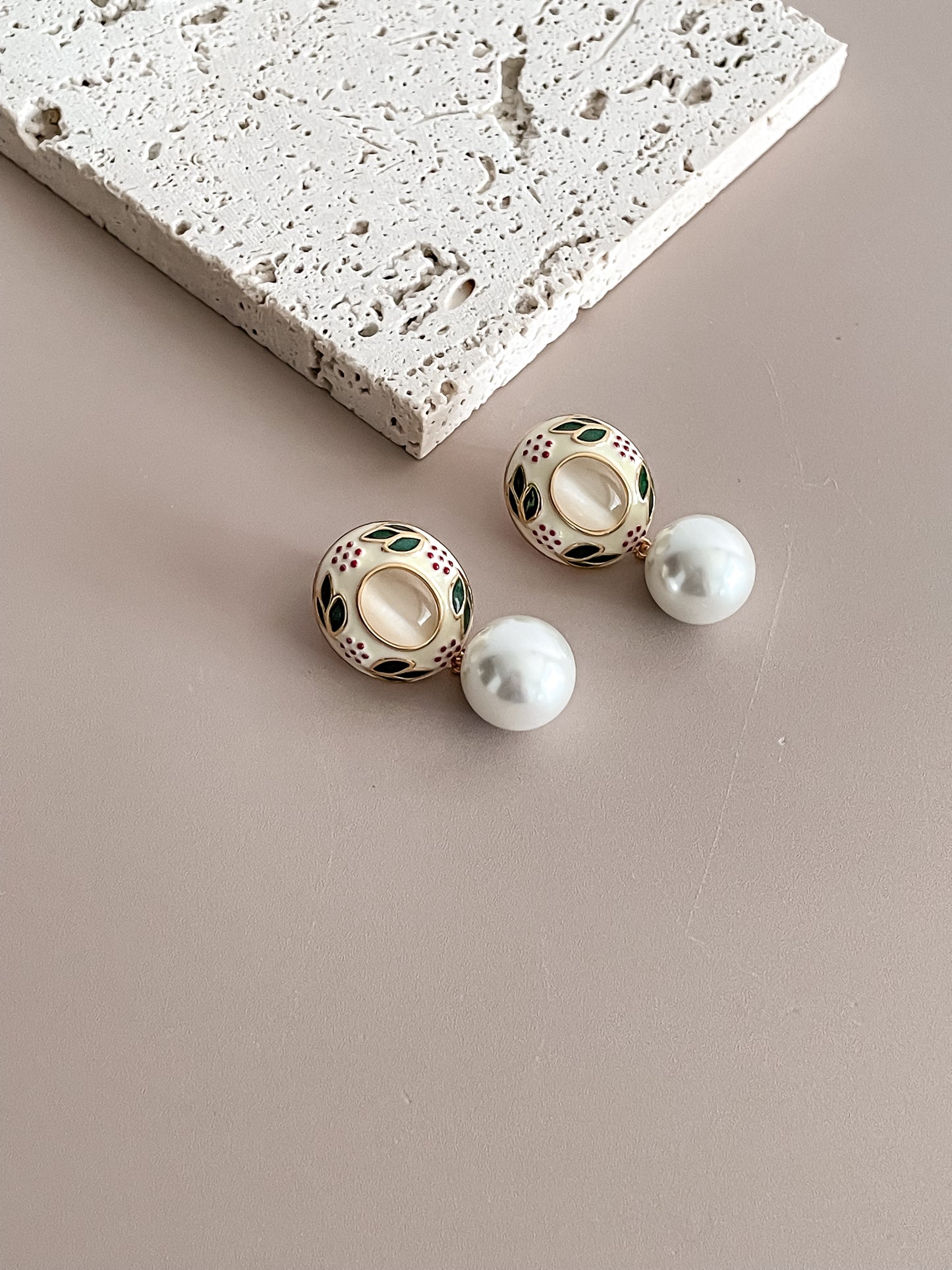 Leaf & Flower Enamel Glazed Earrings w/ Pearl