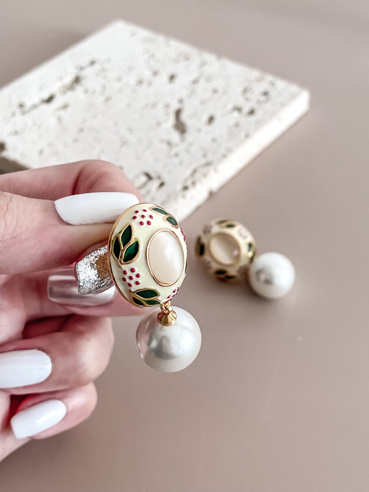 Leaf & Flower Enamel Glazed Earrings w/ Pearl