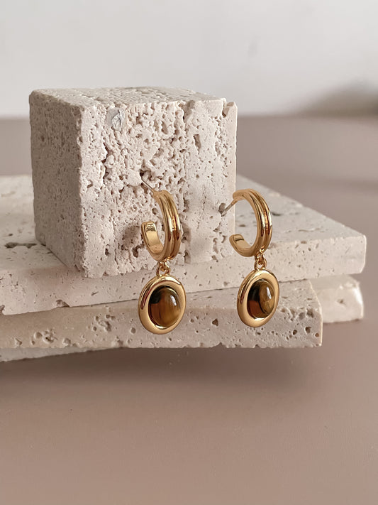 Tiger's Eye Pendant Earrings, Vintage Style 18K Gold Plated Tiger's Eye Pendant C-Shape Stud Earrings