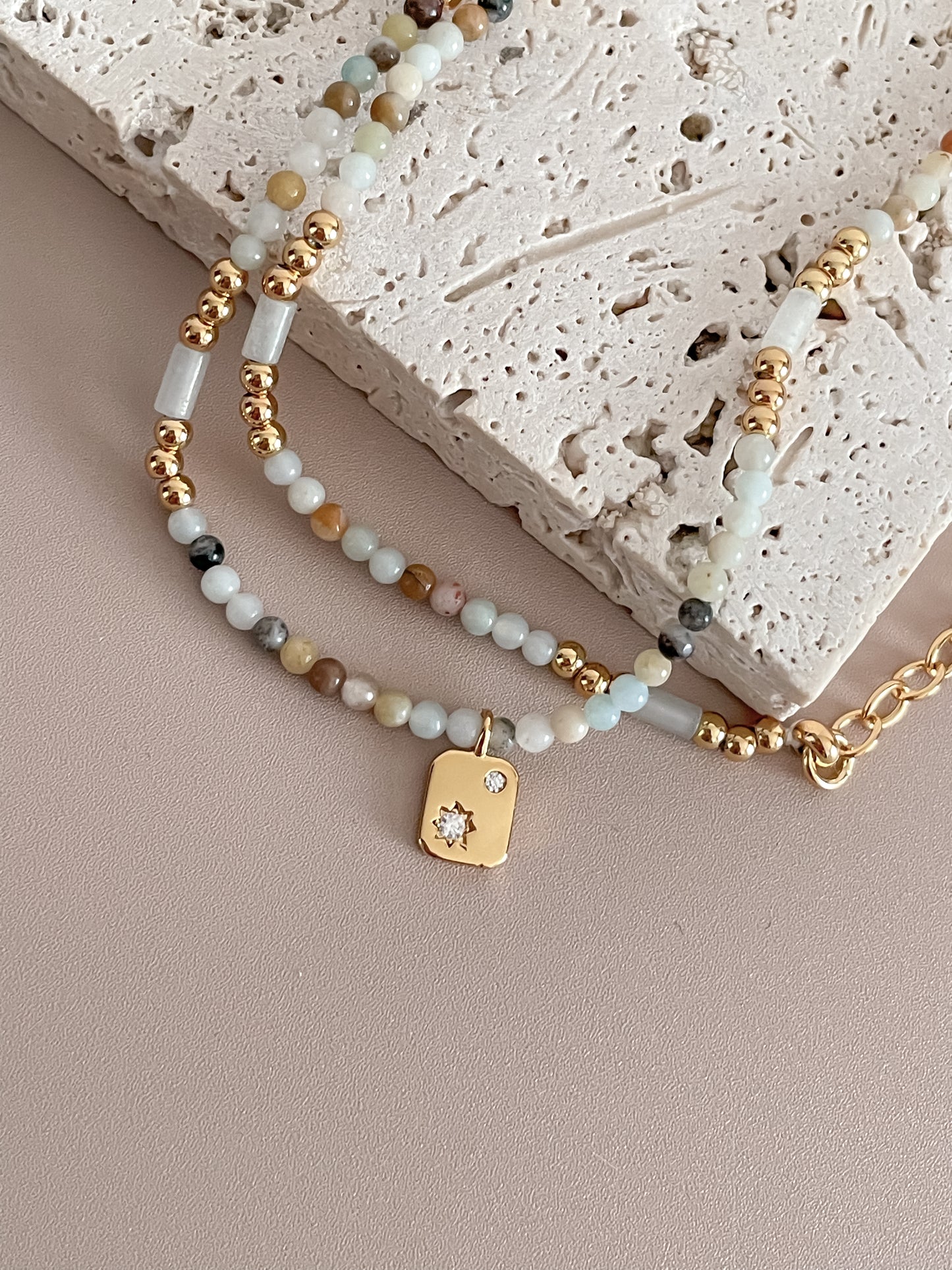 Zirconia Star Nugget Pendant Beaded Necklace