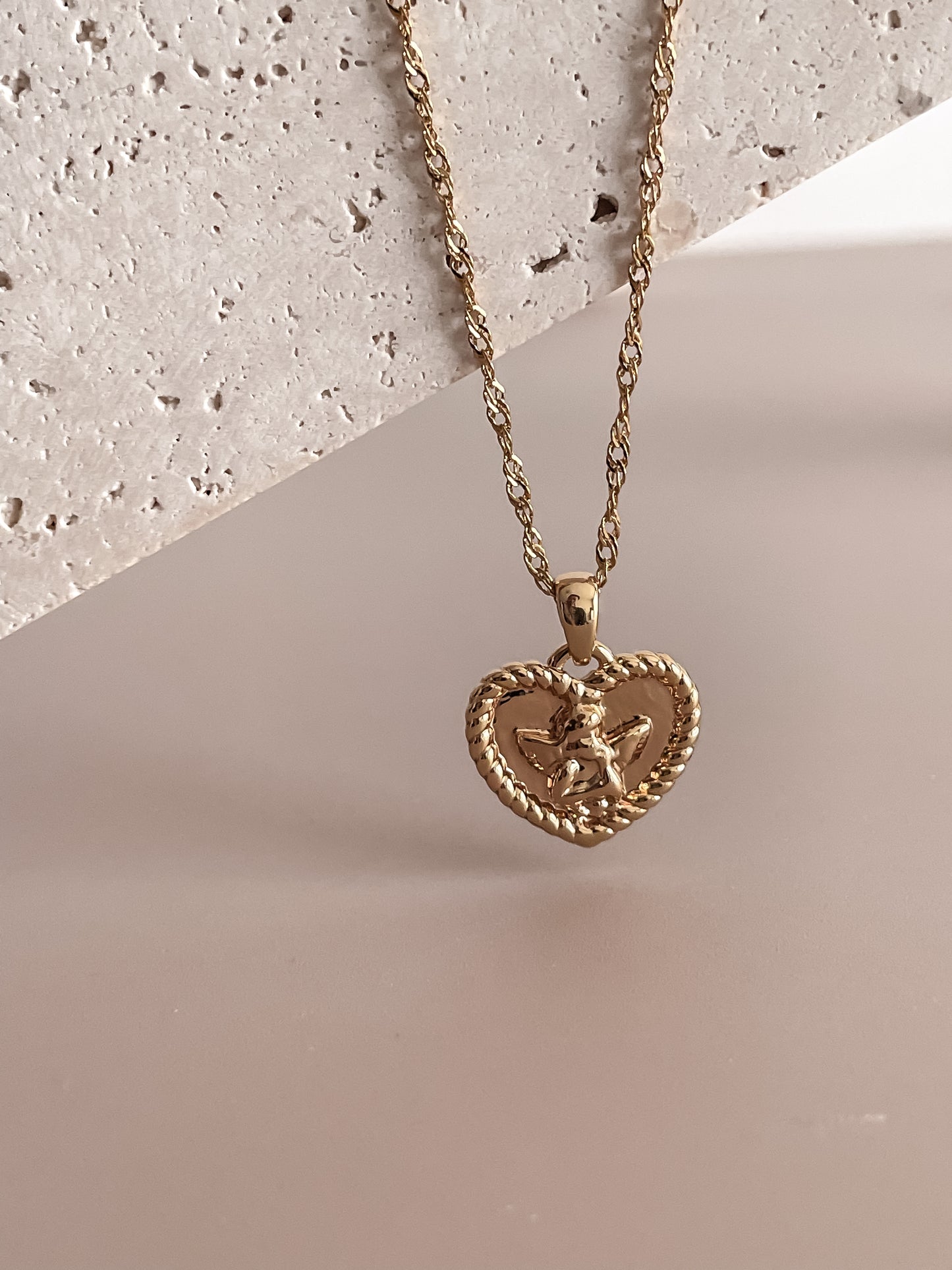 Gold Heart Necklace w/Angel Motif