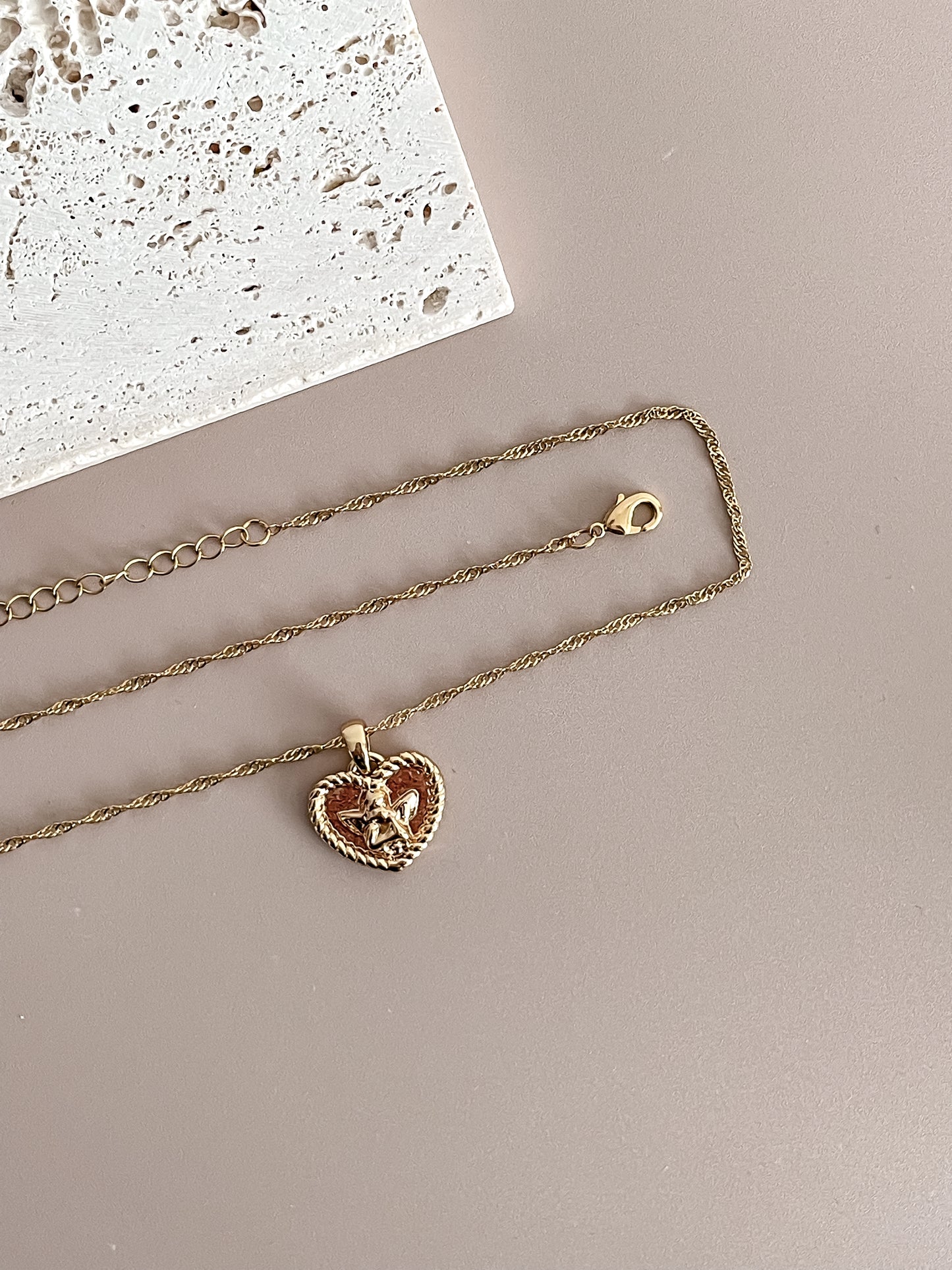 Gold Heart Necklace w/Angel Motif