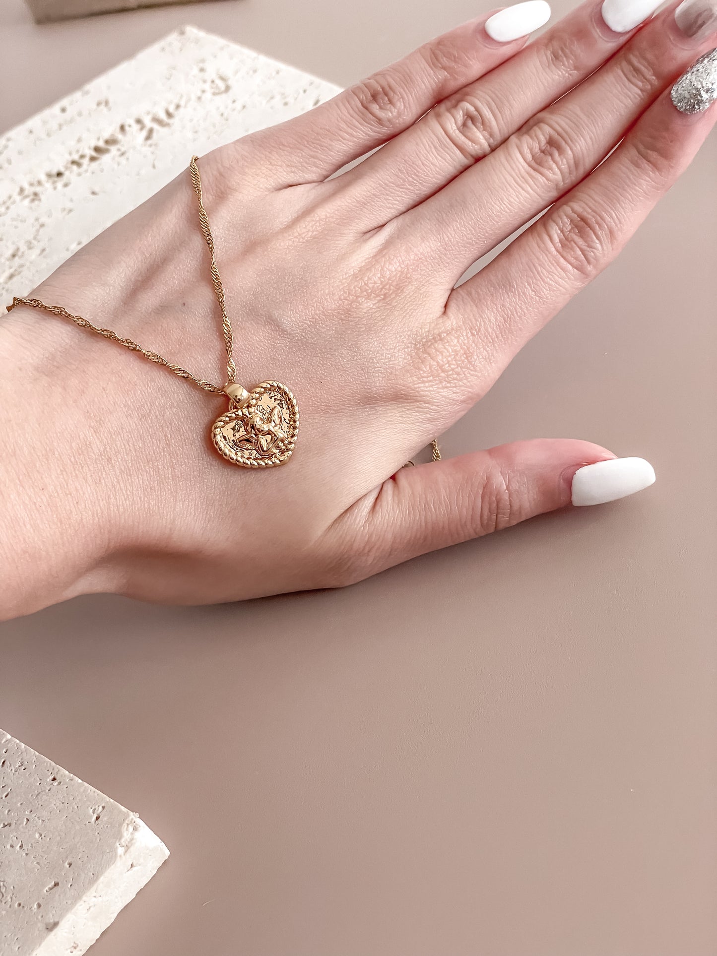 Gold Heart Necklace w/Angel Motif