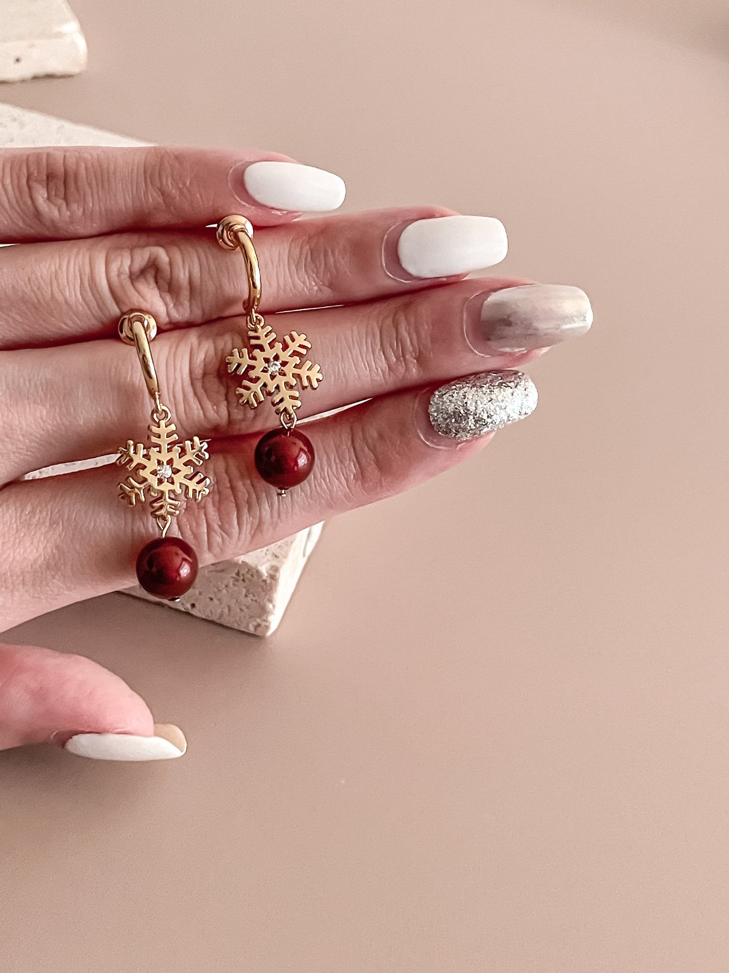Snowflake Earrings w/ Red Zircon