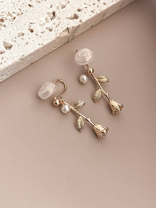 Romantic 14K Gold Plated Rose Stem w/ Freshwater Pearl Pendant Earrings