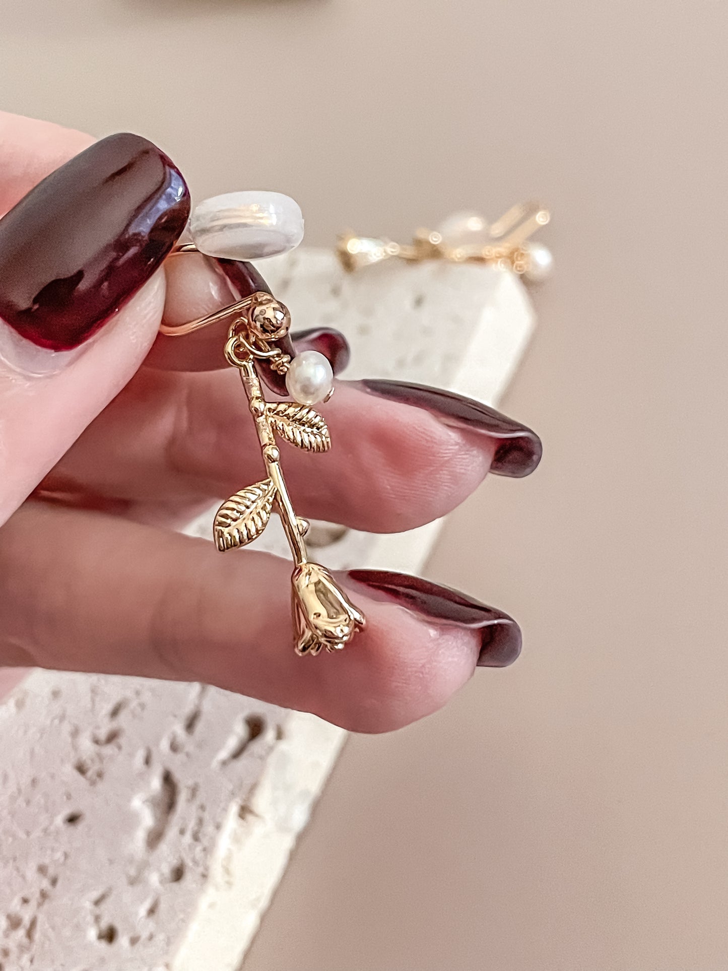 Romantic 14K Gold Plated Rose Stem w/ Freshwater Pearl Pendant Earrings