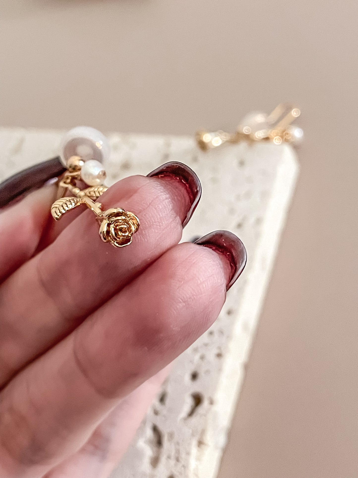 Romantic 14K Gold Plated Rose Stem w/ Freshwater Pearl Pendant Earrings