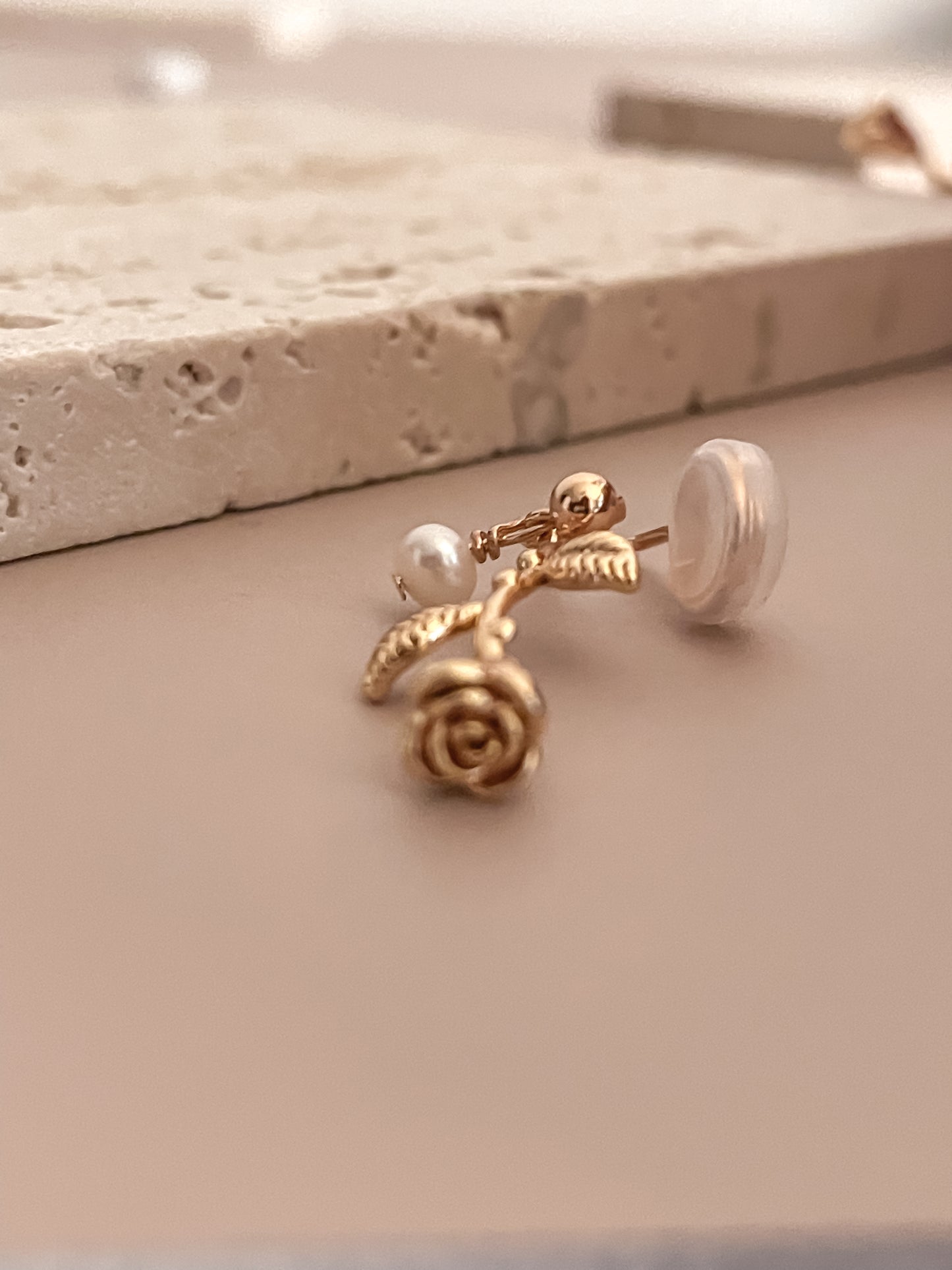 Romantic 14K Gold Plated Rose Stem w/ Freshwater Pearl Pendant Earrings