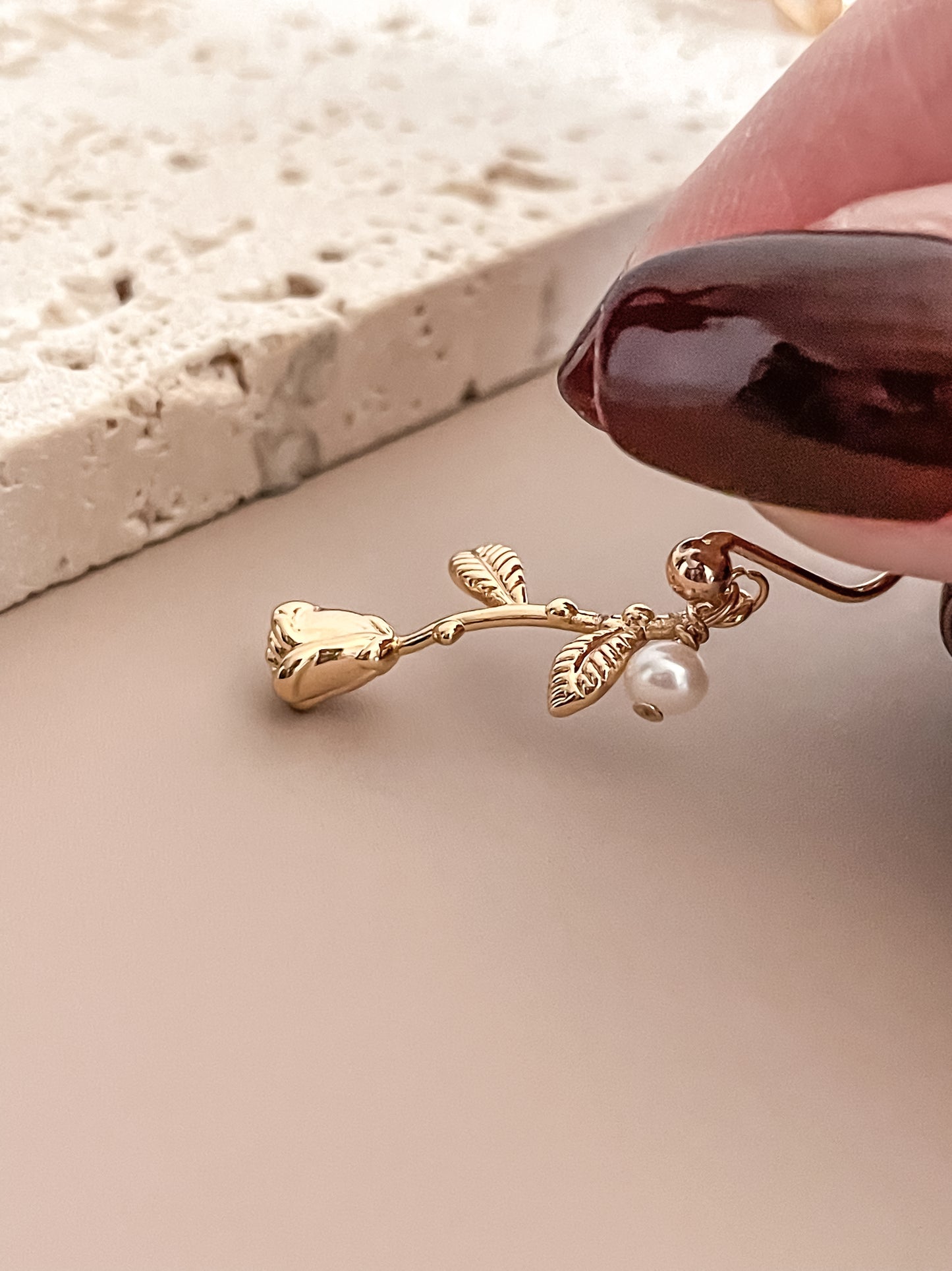 Romantic 14K Gold Plated Rose Stem w/ Freshwater Pearl Pendant Earrings