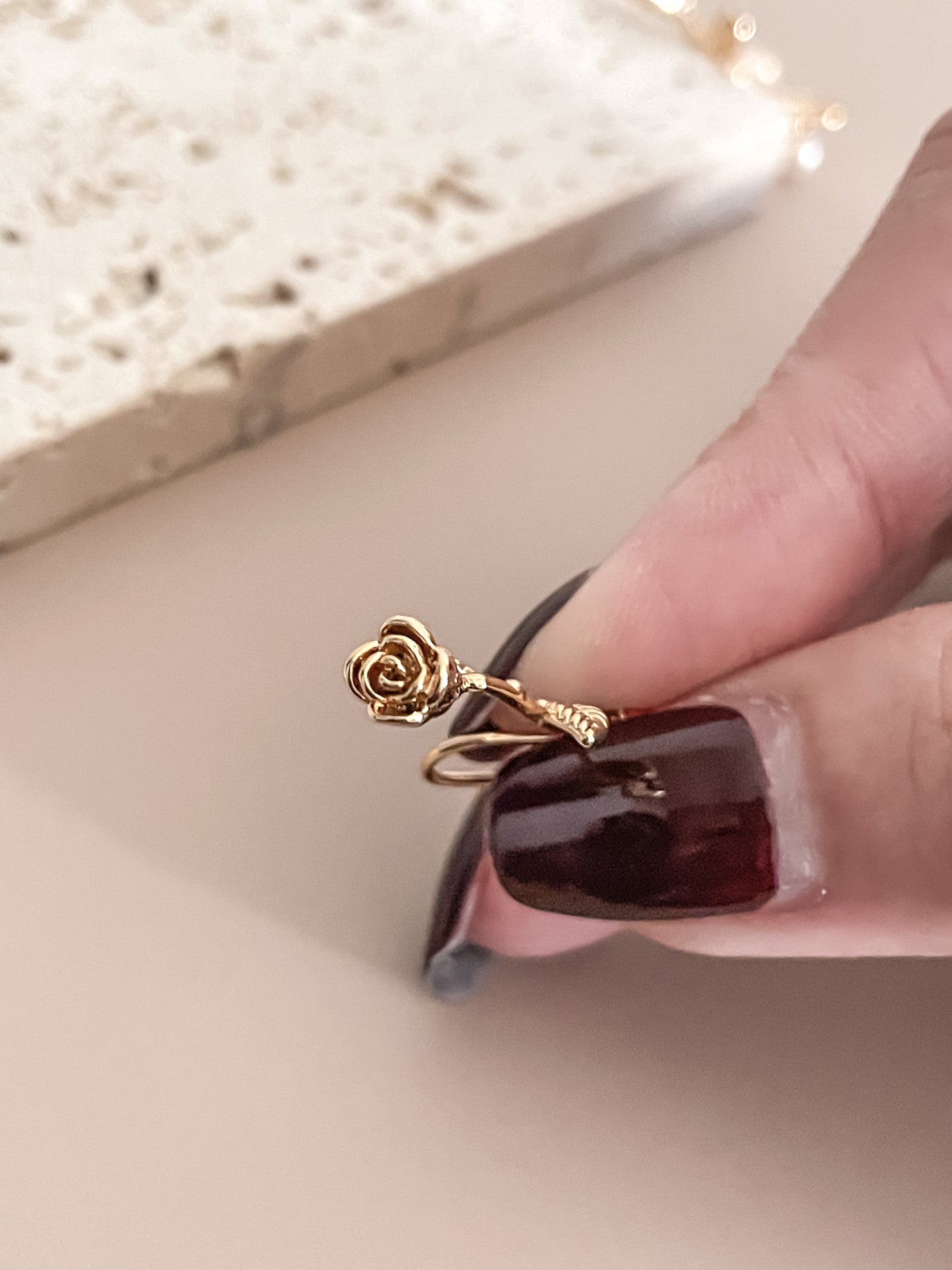 Romantic 14K Gold Plated Rose Stem w/ Freshwater Pearl Pendant Earrings