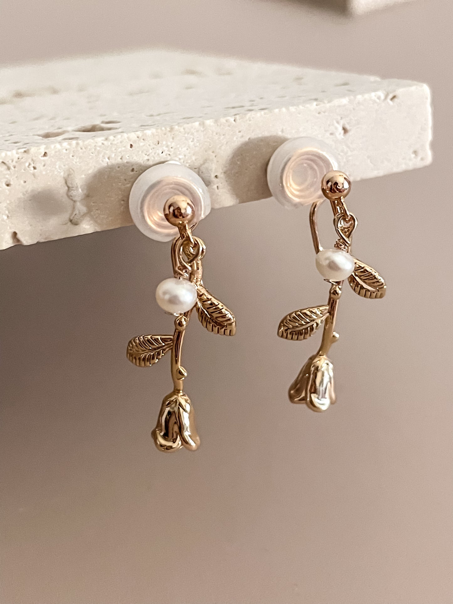 Romantic 14K Gold Plated Rose Stem w/ Freshwater Pearl Pendant Earrings