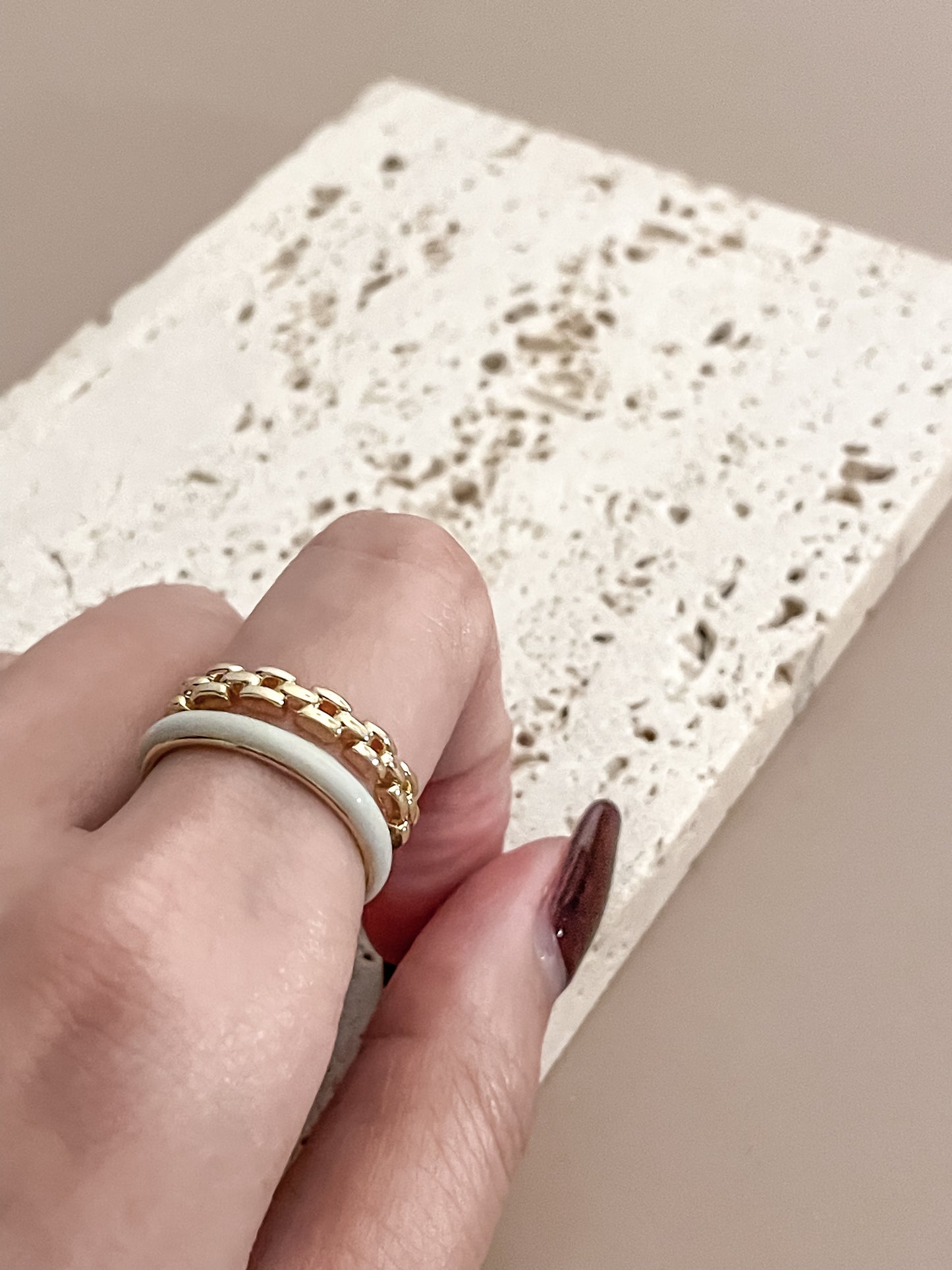 Two-Layer Chain & Light Blue Enamel 18K Gold Plated Band Open Ring