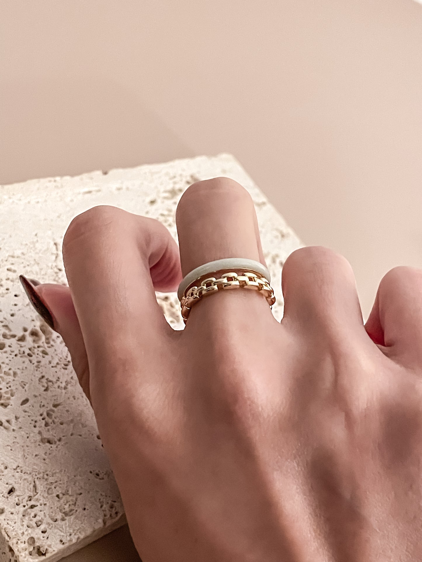 Two-Layer Chain & Light Blue Enamel 18K Gold Plated Band Open Ring