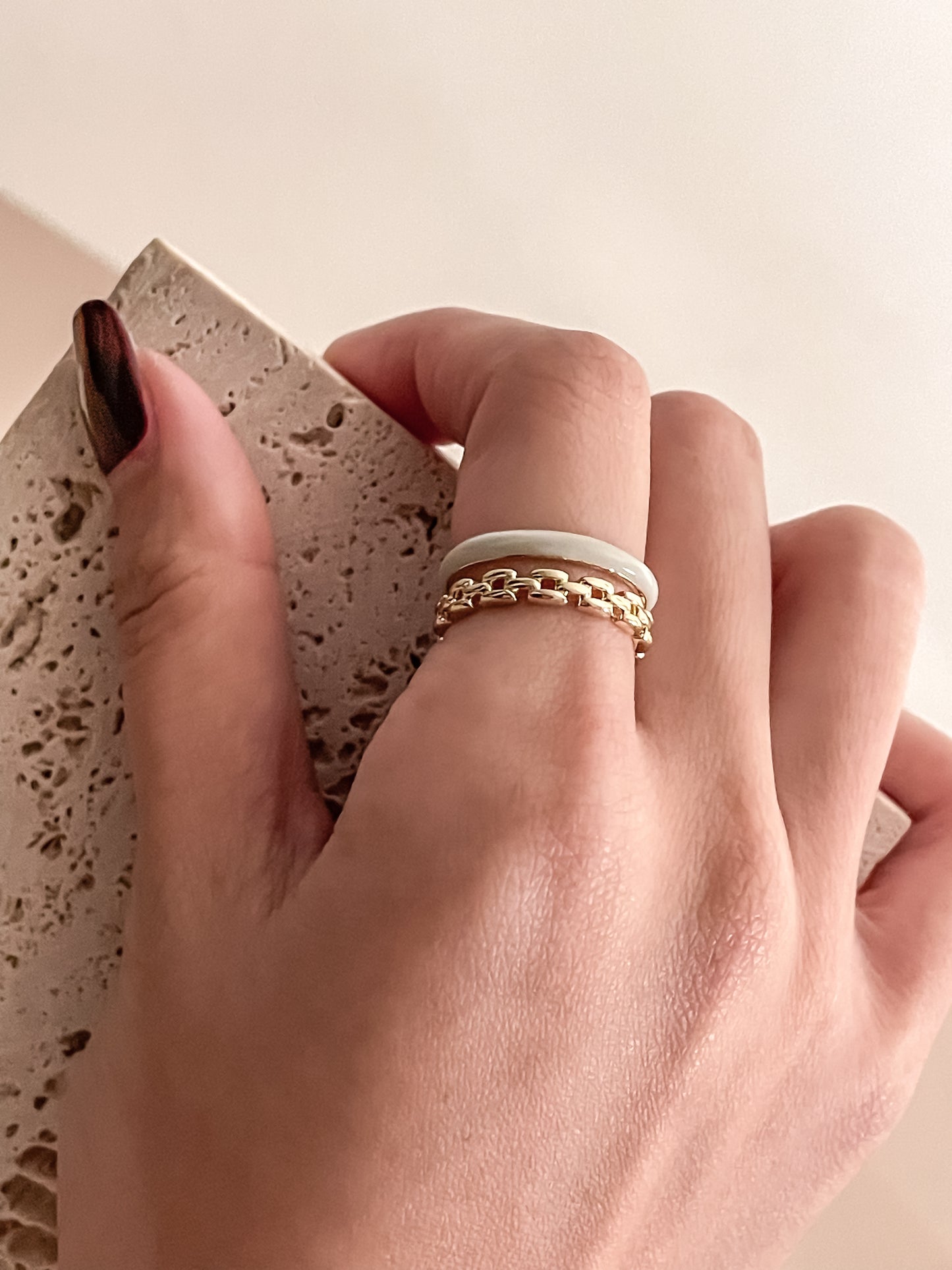 Two-Layer Chain & Light Blue Enamel 18K Gold Plated Band Open Ring