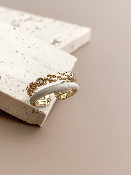 Two-Layer Chain & Light Blue Enamel 18K Gold Plated Band Open Ring