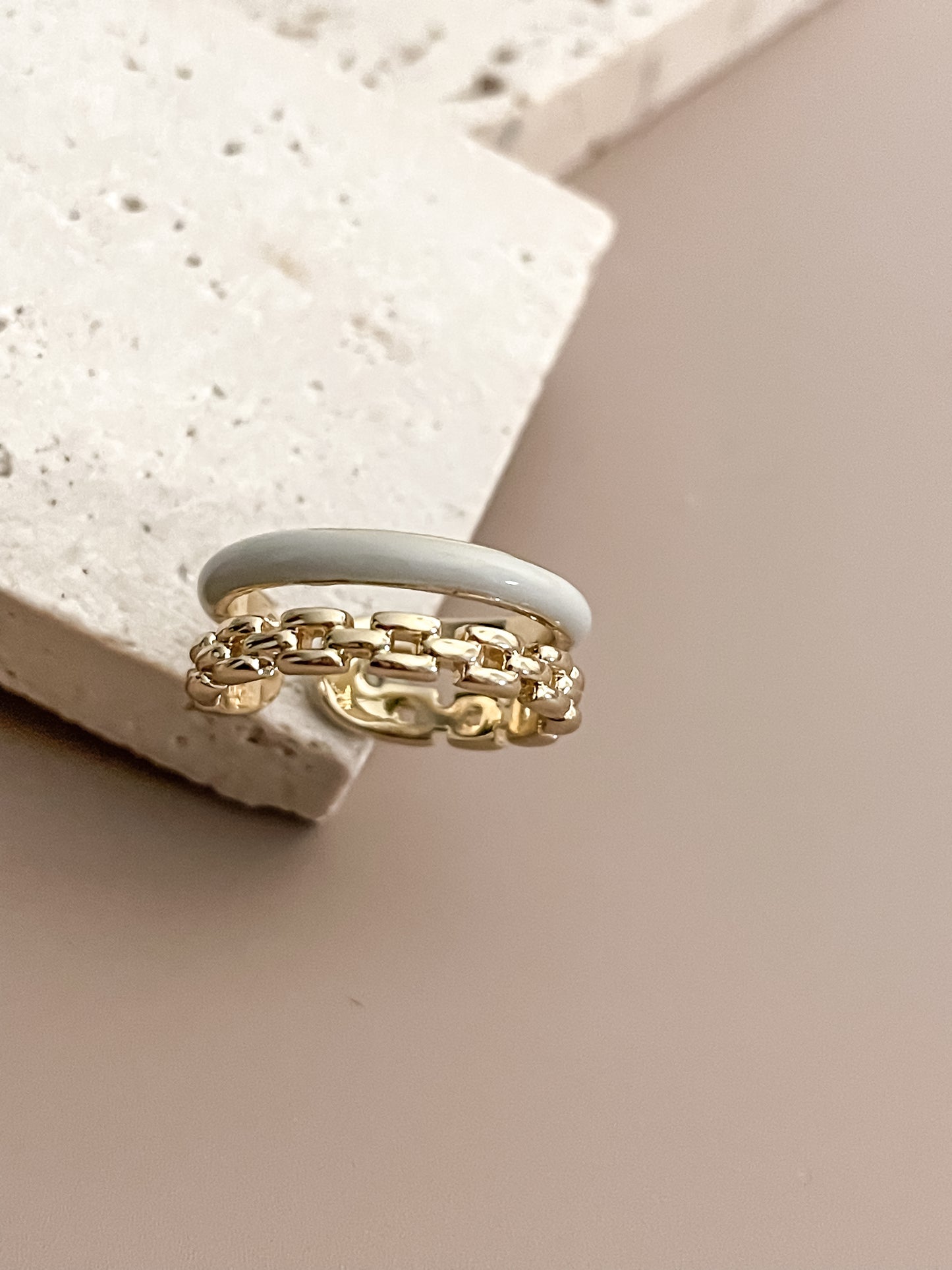 Two-Layer Chain & Light Blue Enamel 18K Gold Plated Band Open Ring