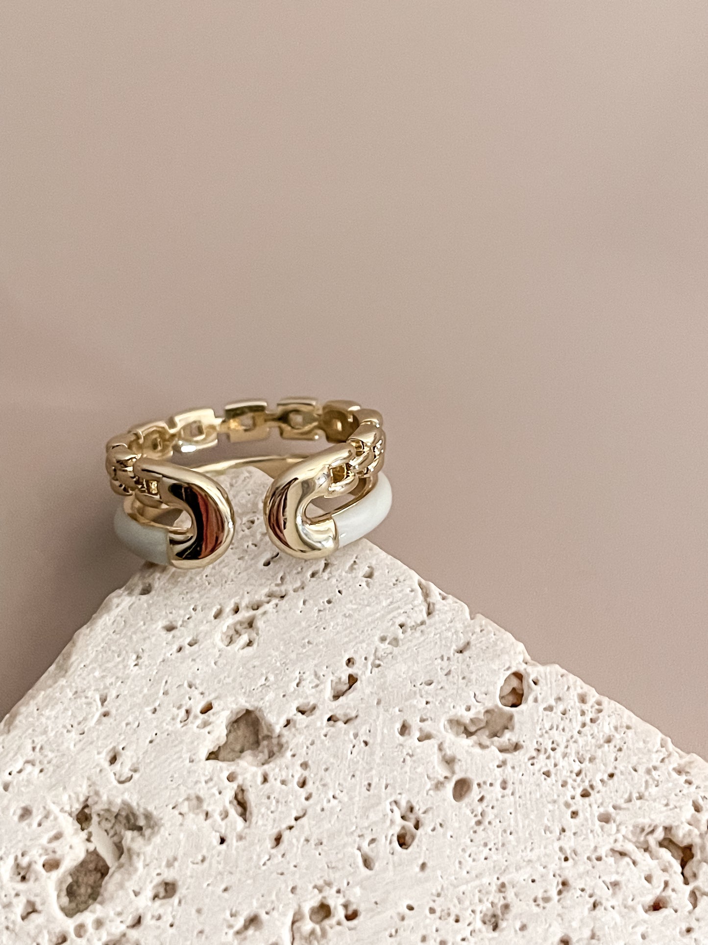 Two-Layer Chain & Light Blue Enamel 18K Gold Plated Band Open Ring