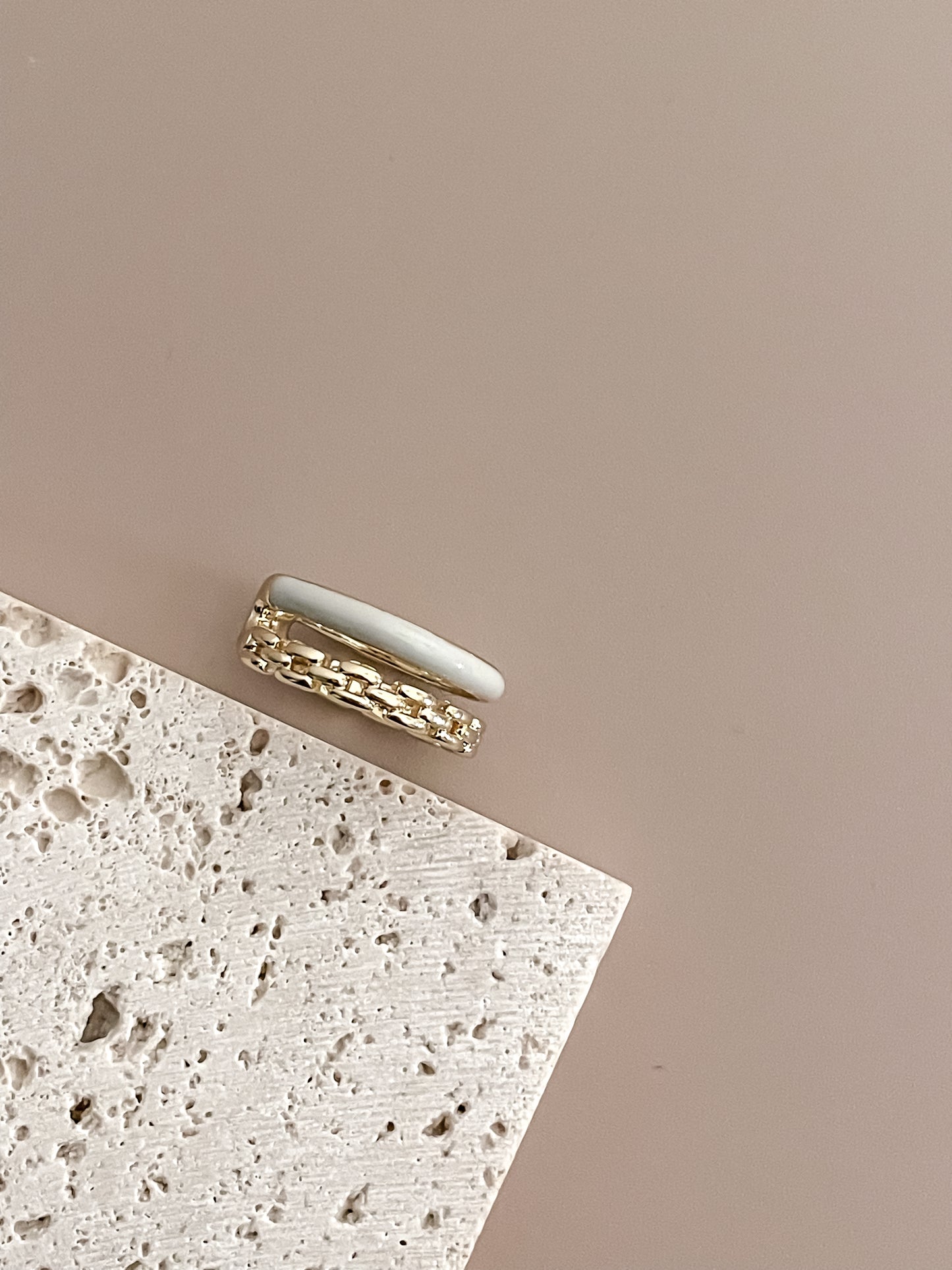 Two-Layer Chain & Light Blue Enamel 18K Gold Plated Band Open Ring