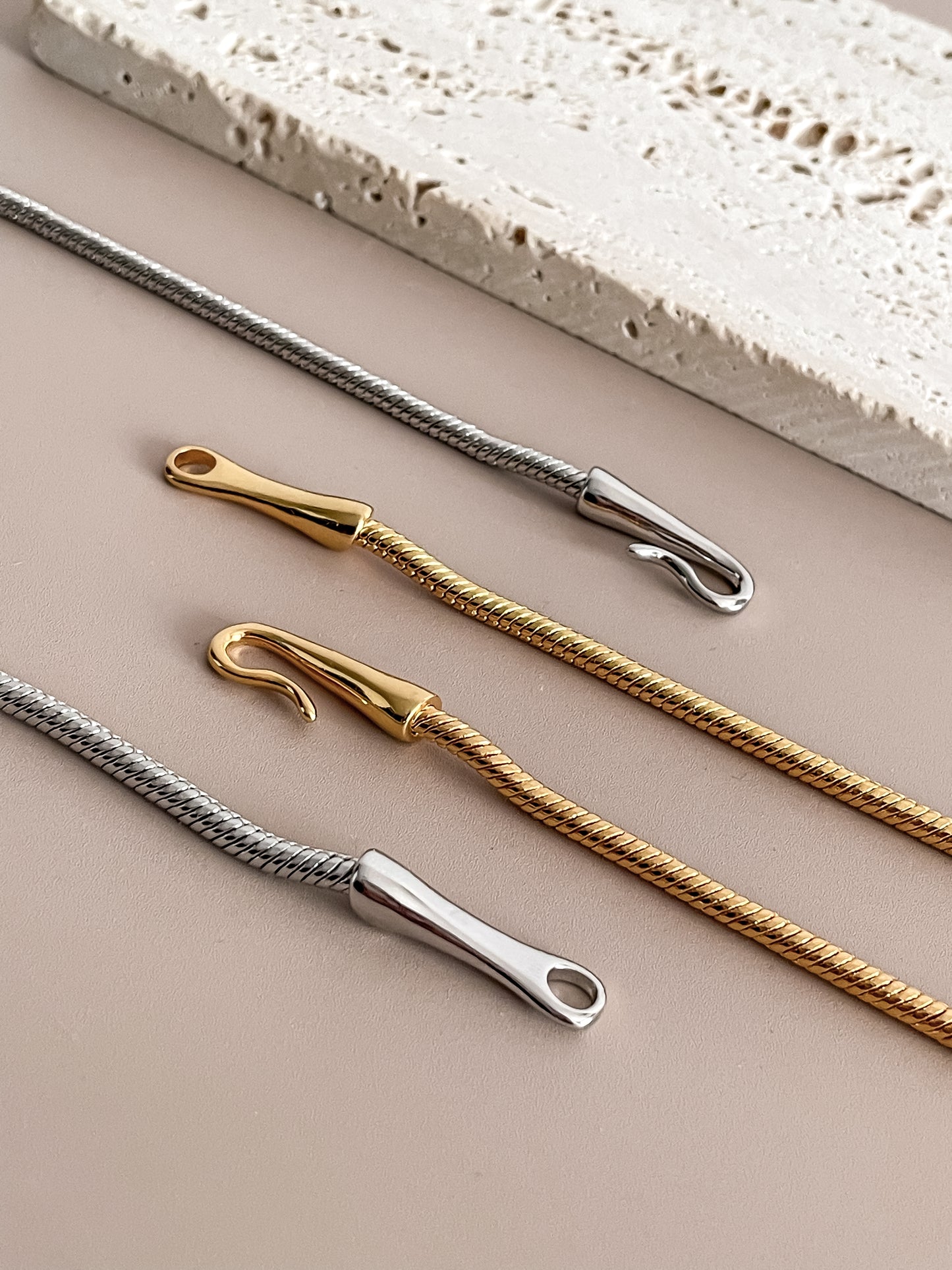 Minimalist Unique Hook Closure 18K Gold Plated Snake Chain