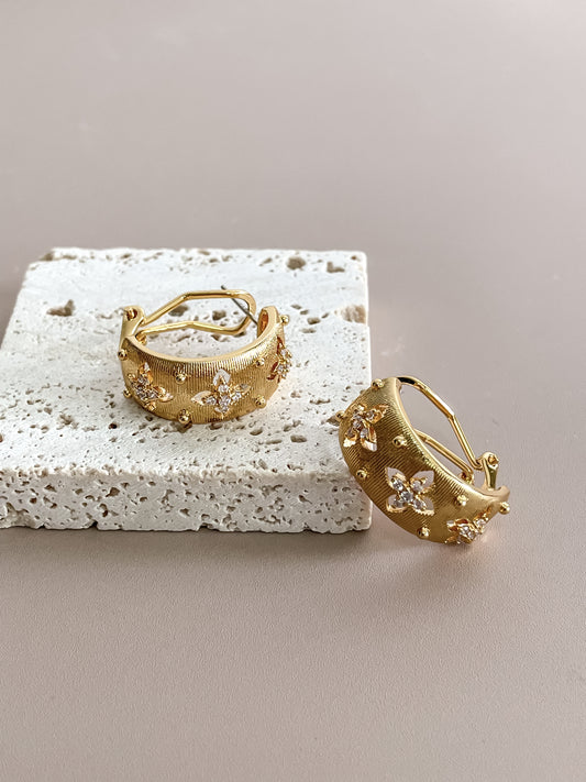 Flower Carving Huggie Hoops with Zircon