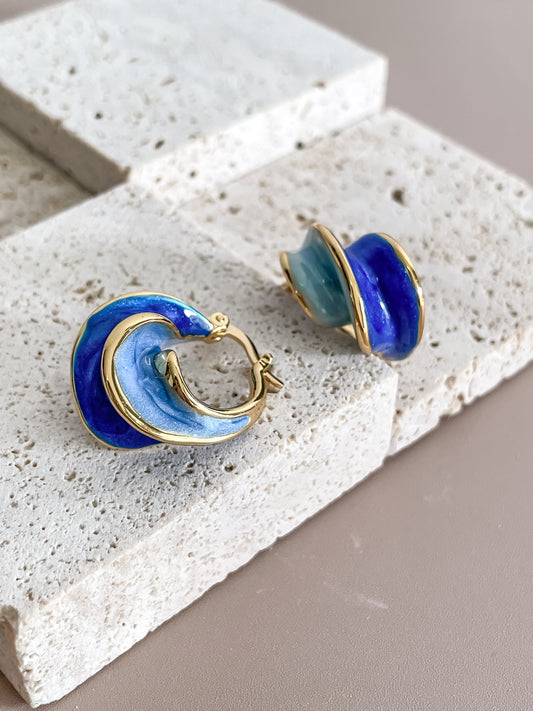 Blue Enamel and Gold Spiral Ear Hoops