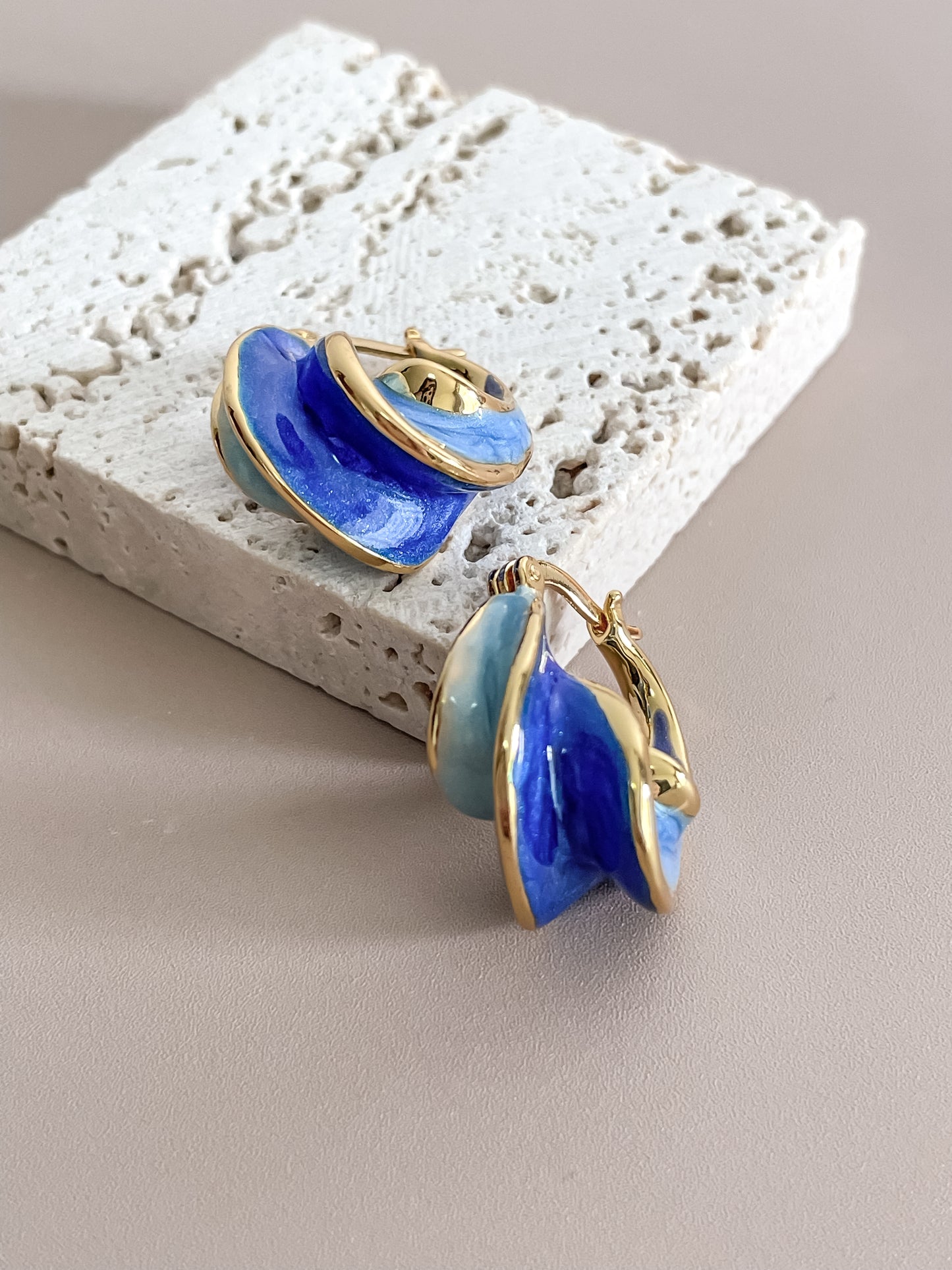 Blue Enamel and Gold Spiral Ear Hoops