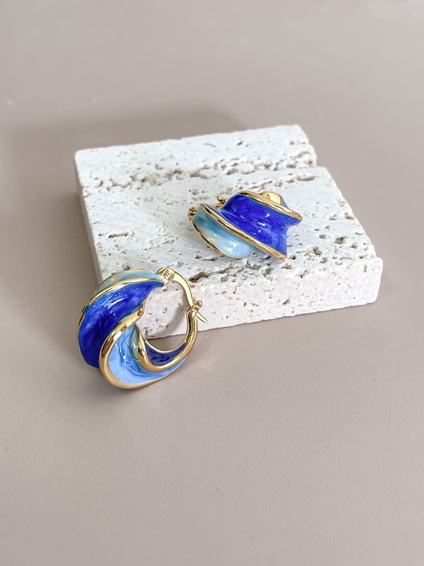 Blue Enamel and Gold Spiral Ear Hoops