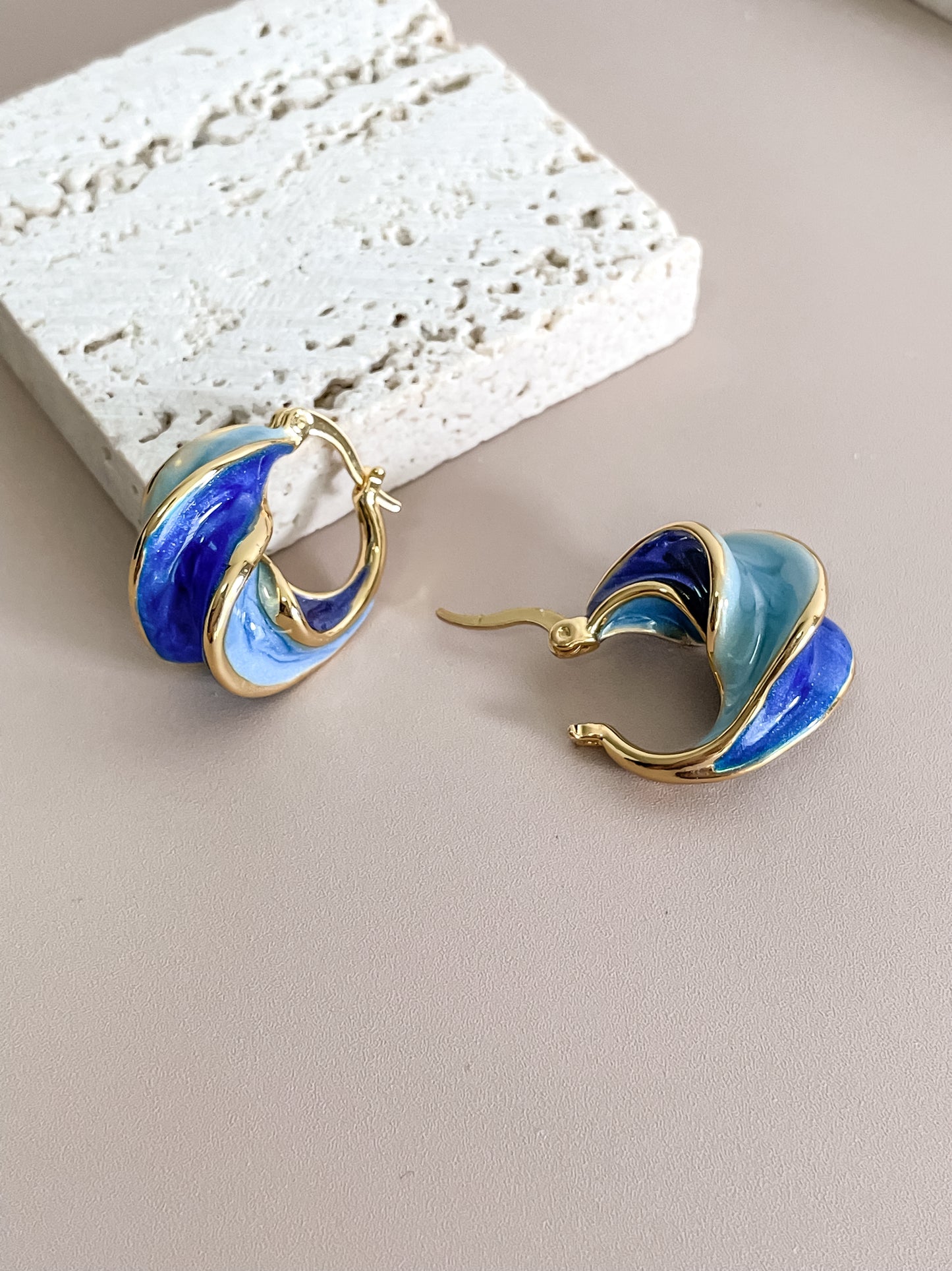 Blue Enamel and Gold Spiral Ear Hoops