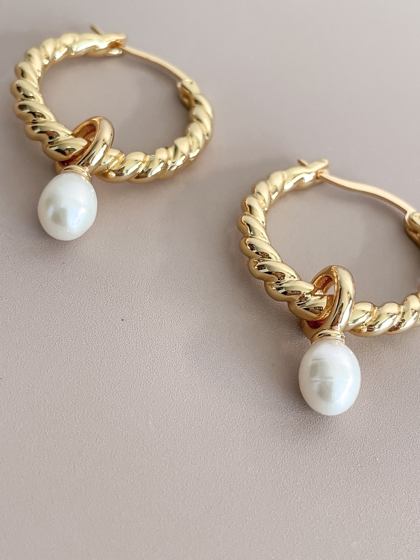 Twisted Rope Hoop Earrings with Pearl Pendant