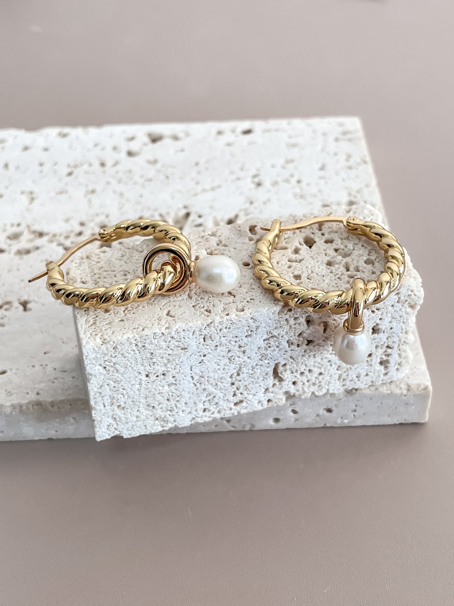 Twisted Rope Hoop Earrings with Pearl Pendant