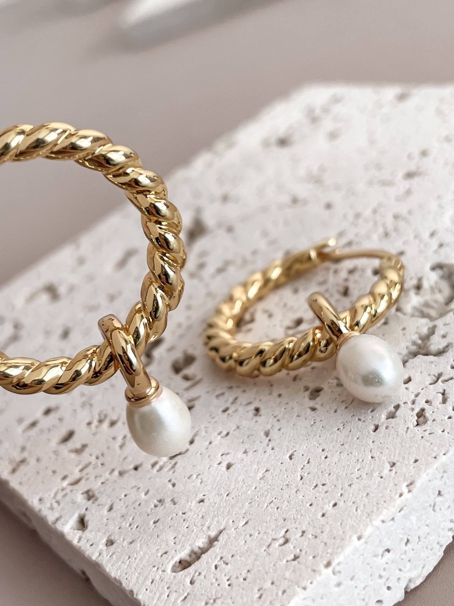Twisted Rope Hoop Earrings with Pearl Pendant
