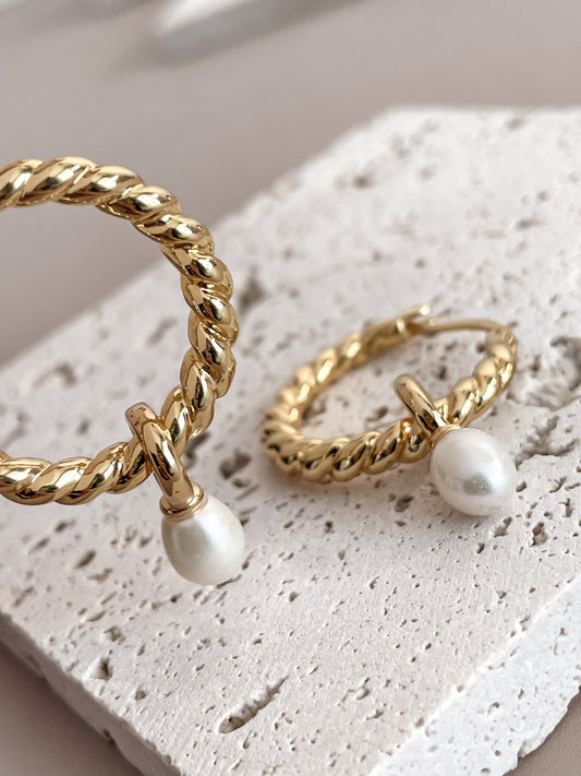 Twisted Rope Hoop Earrings with Pearl Pendant