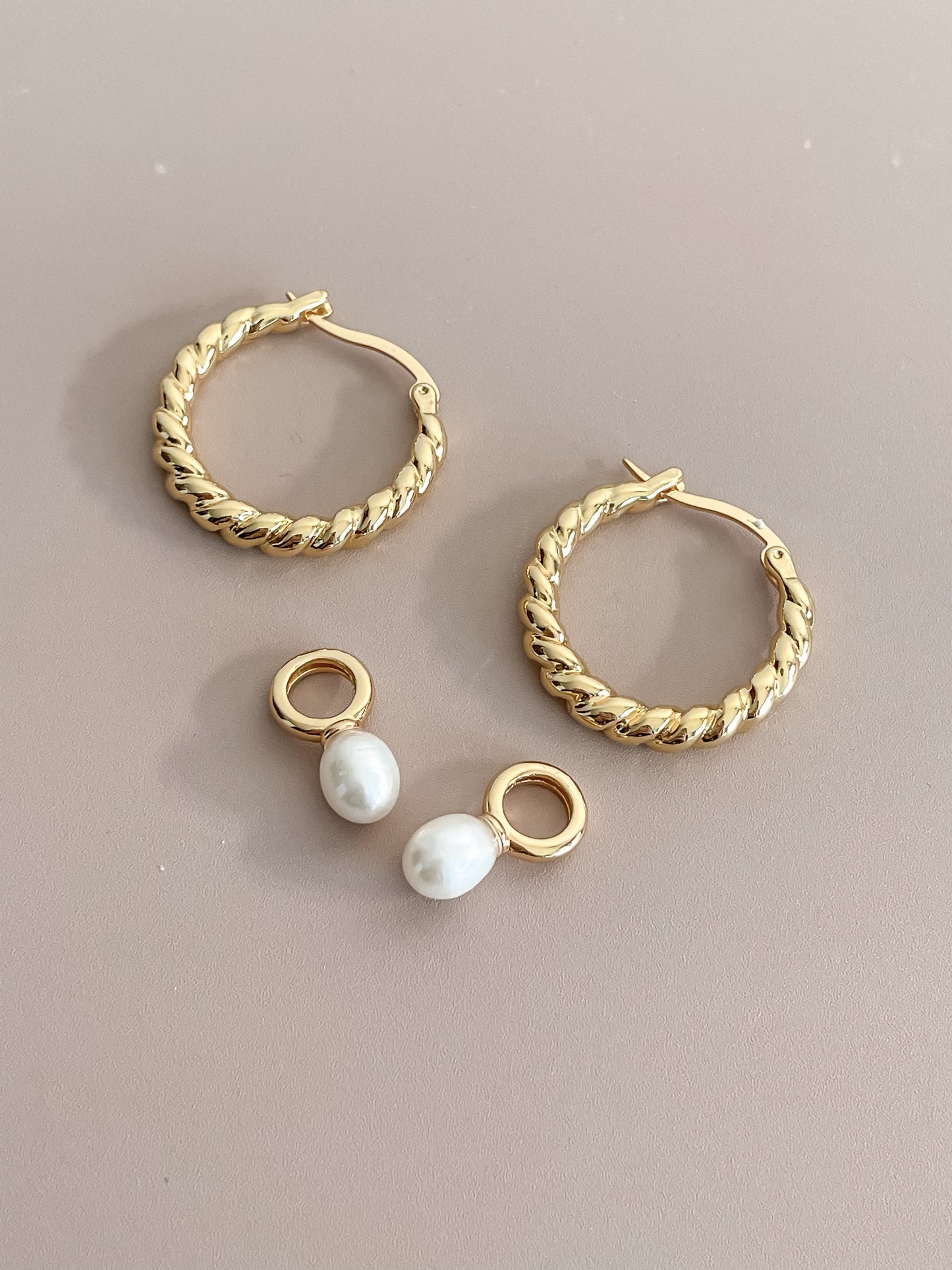 Twisted Rope Hoop Earrings with Pearl Pendant