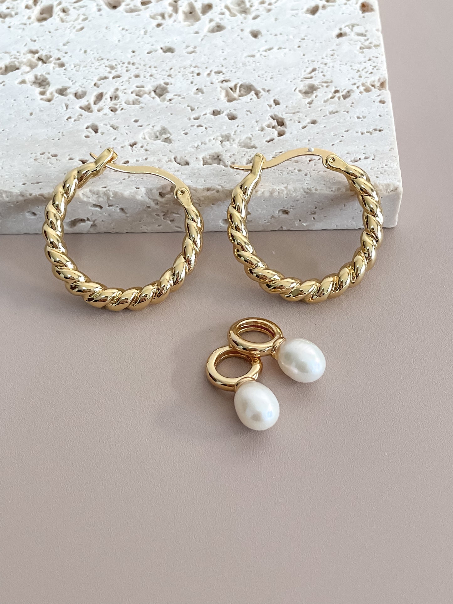 Twisted Rope Hoop Earrings with Pearl Pendant