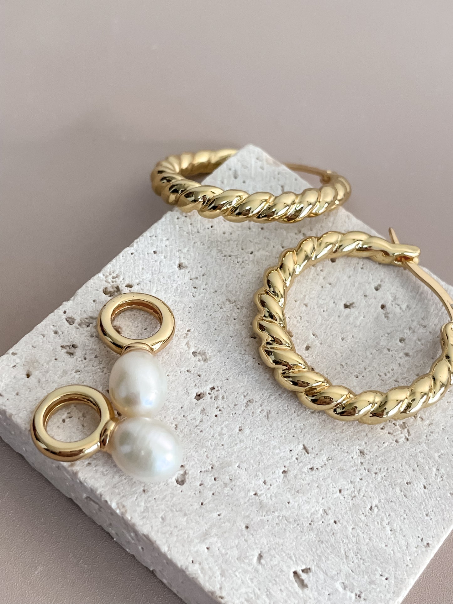 Twisted Rope Hoop Earrings with Pearl Pendant