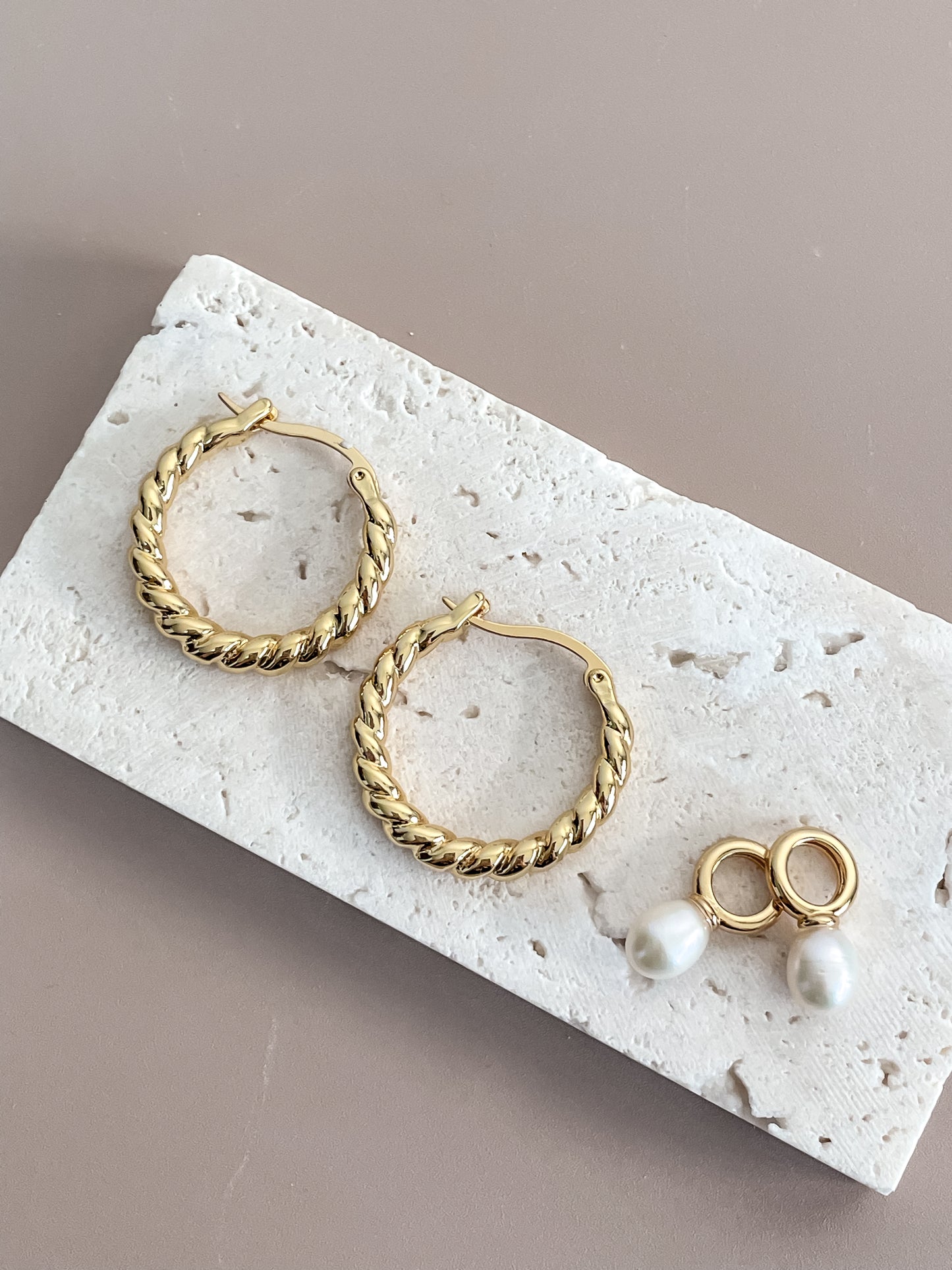 Twisted Rope Hoop Earrings with Pearl Pendant