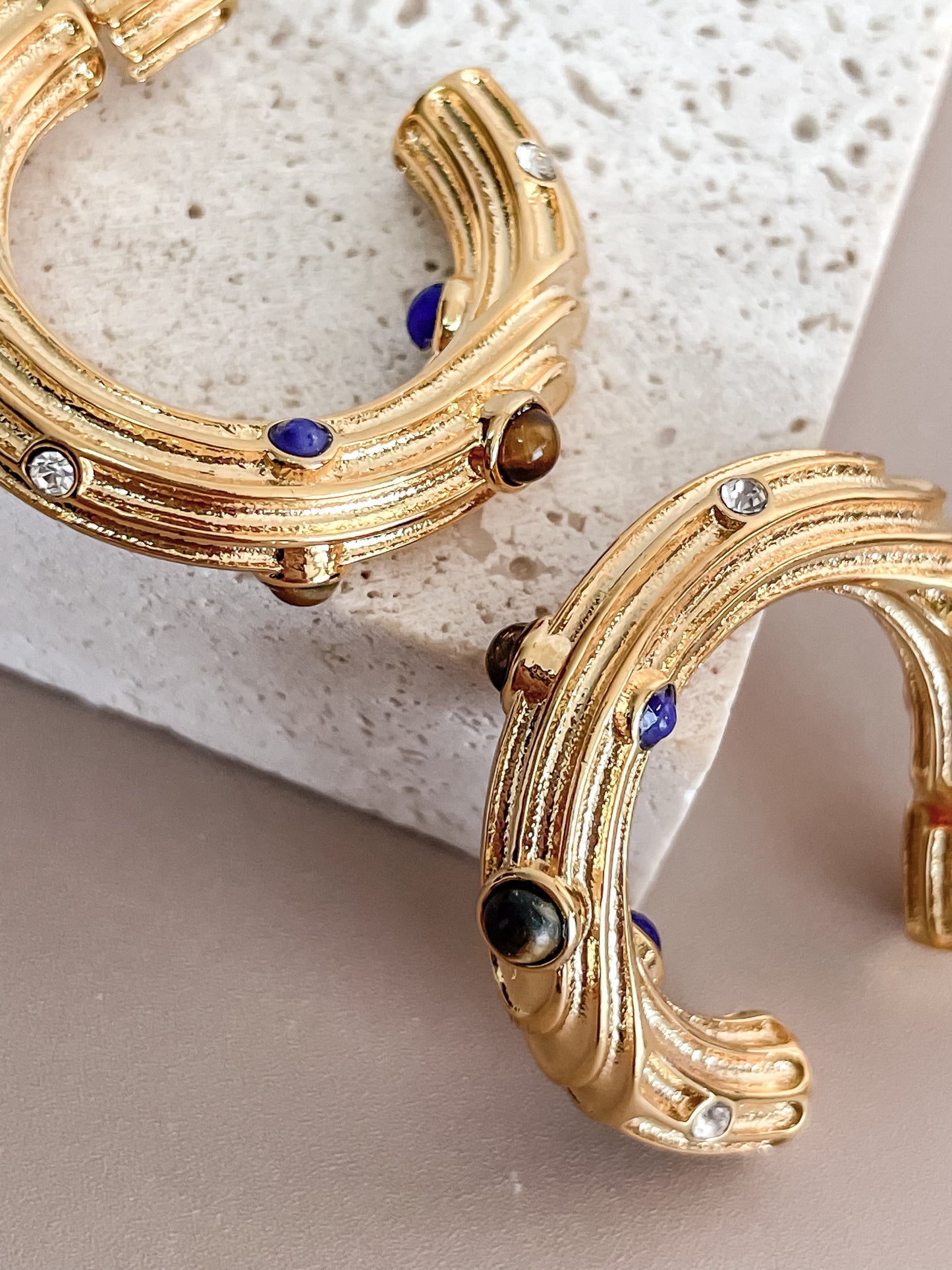 Textured Colorful Gem C-Shape Earring