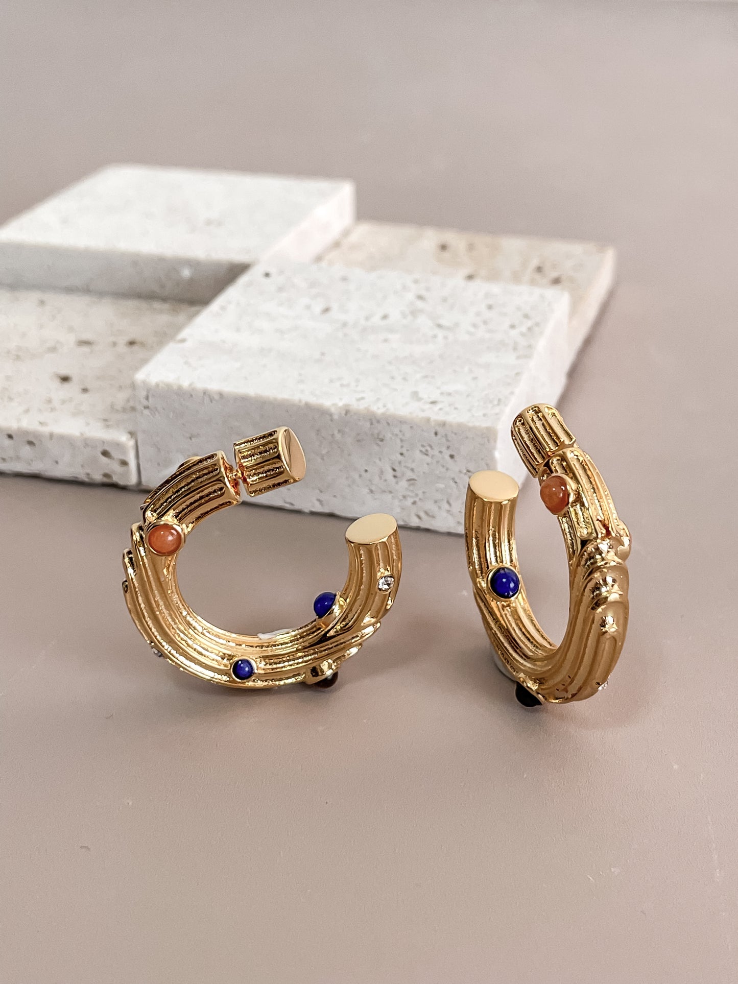 Textured Colorful Gem C-Shape Earring