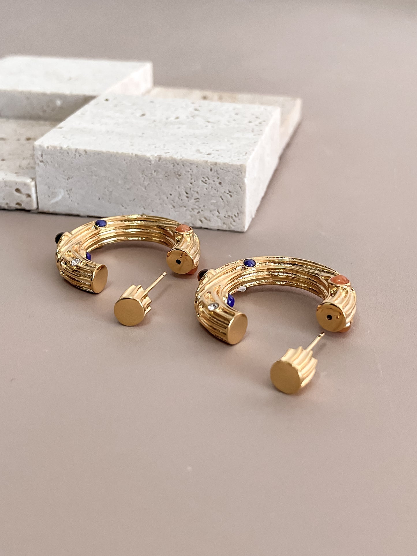 Textured Colorful Gem C-Shape Earring