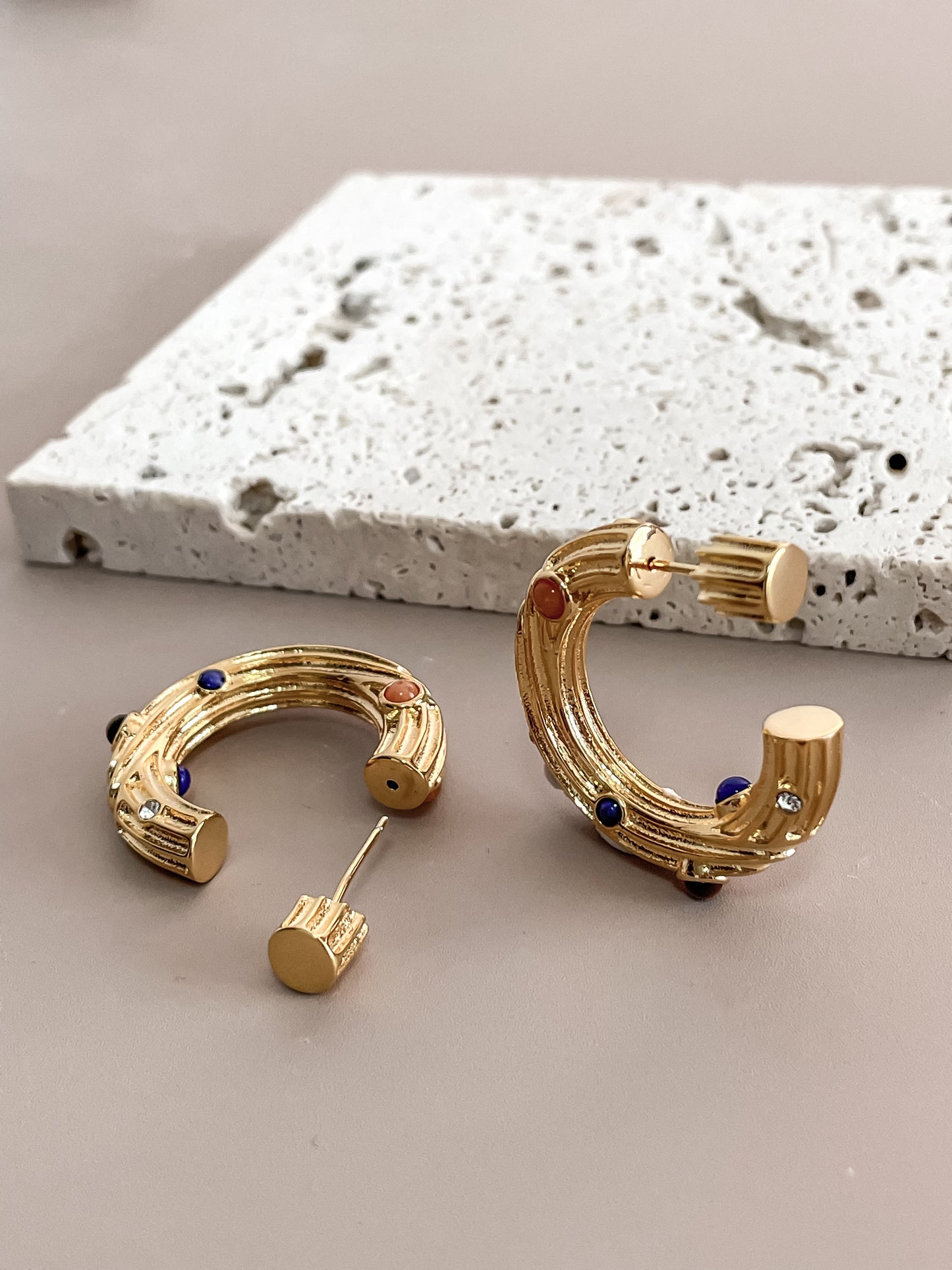 Textured Colorful Gem C-Shape Earring