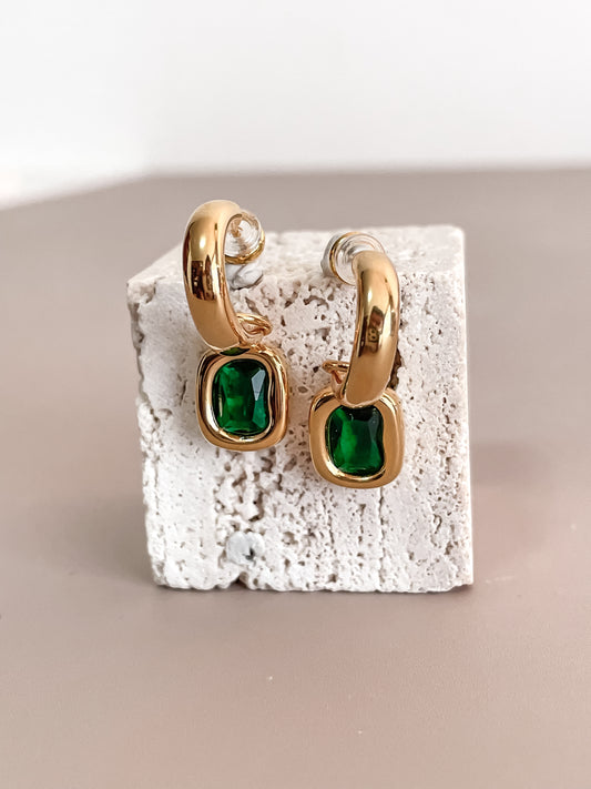 Square Emerald Pendant C-Shape Earrings