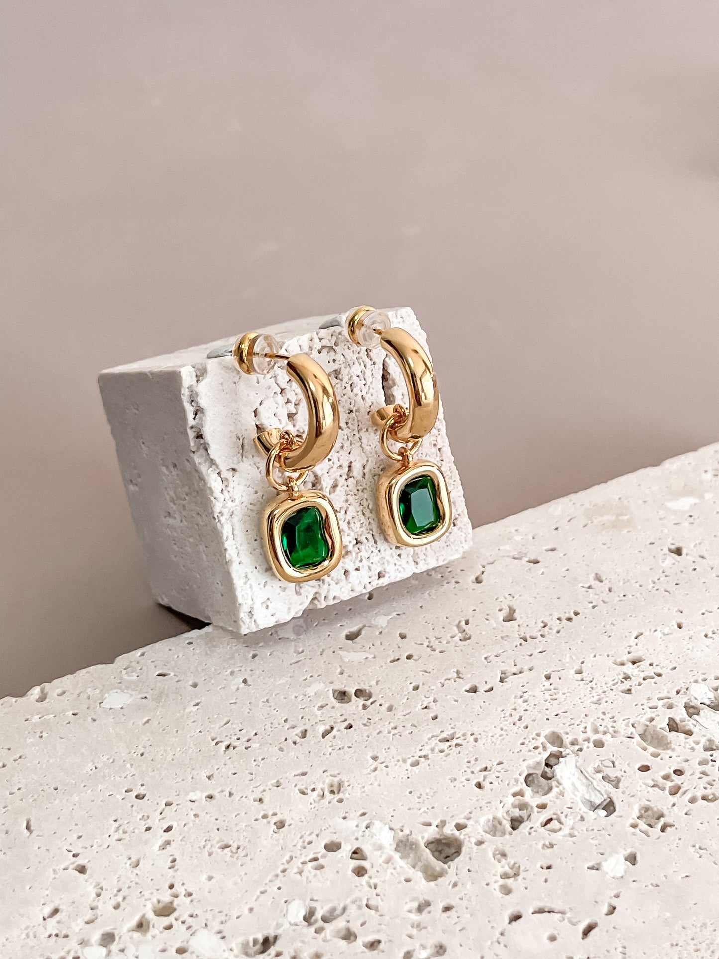 Square Emerald Pendant C-Shape Earrings