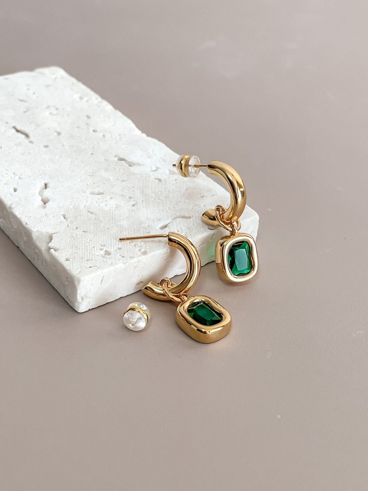 Square Emerald Pendant C-Shape Earrings