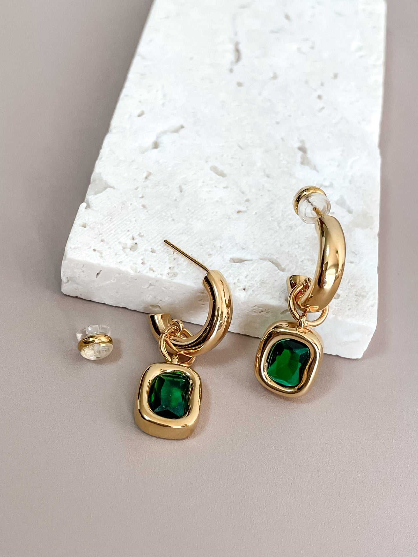 Square Emerald Pendant C-Shape Earrings