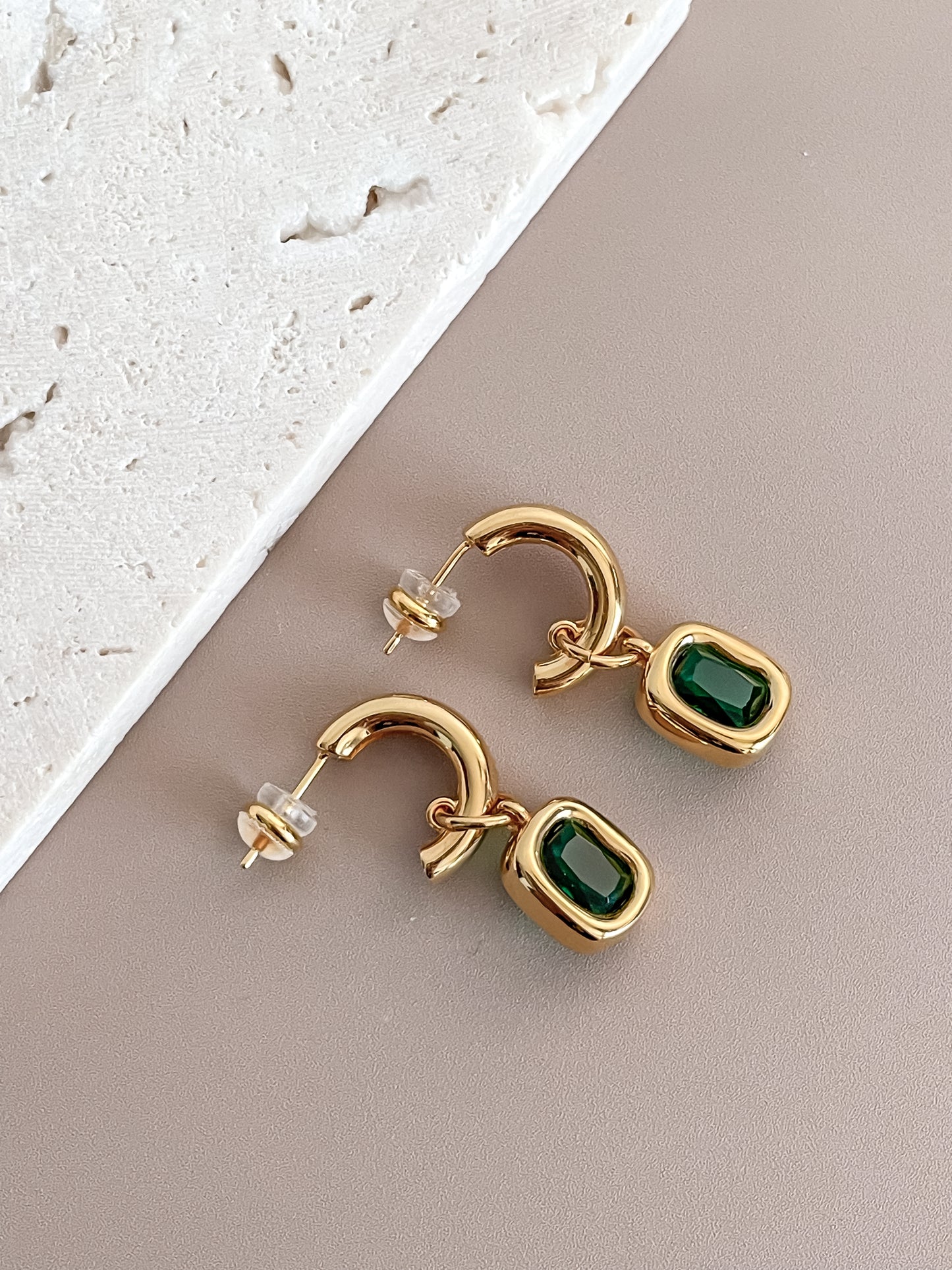 Square Emerald Pendant C-Shape Earrings