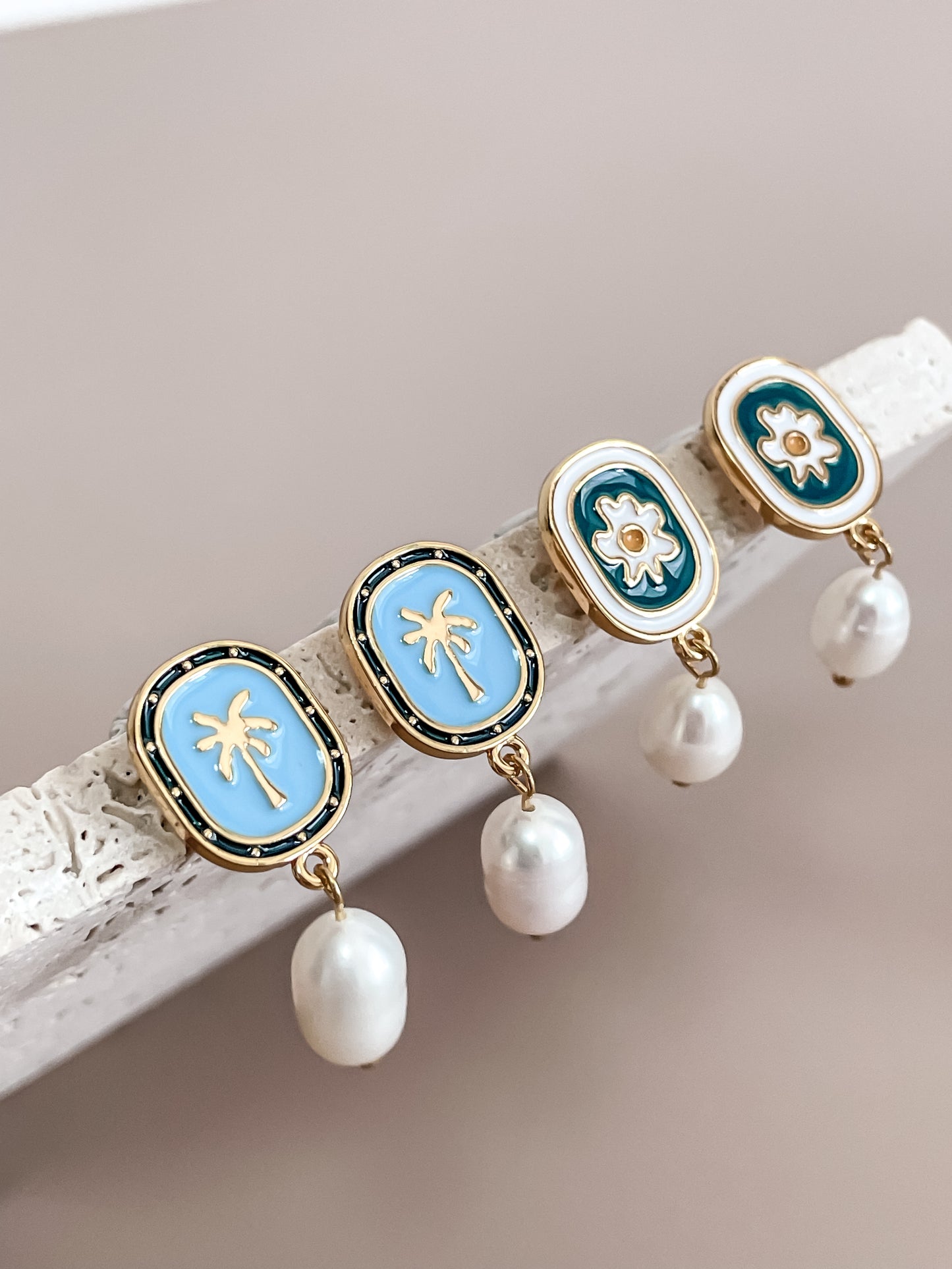 Turquoise Enamel Palm Tree Earrings w/Pearl